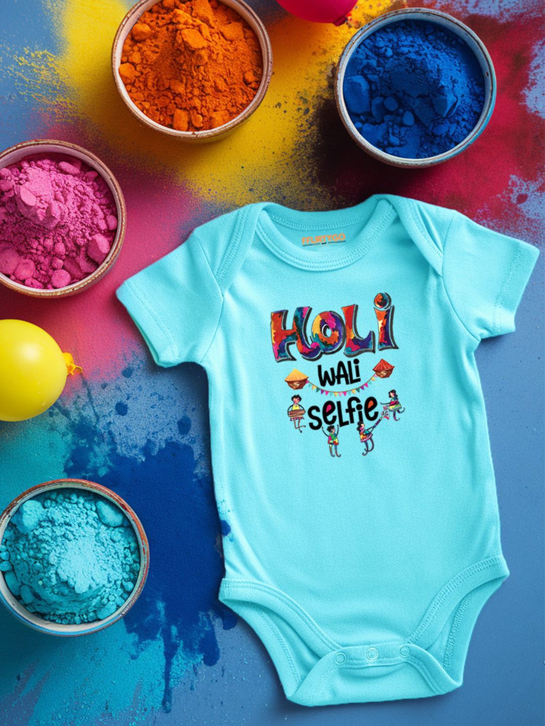 

FFLIRTYGO Infants Holi Printed Cotton Bodysuit, Turquoise blue