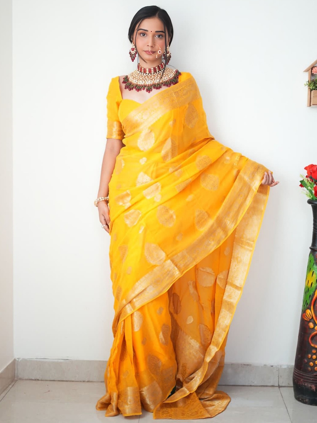 

bansari textiles Woven Design Zari Kota Saree, Yellow