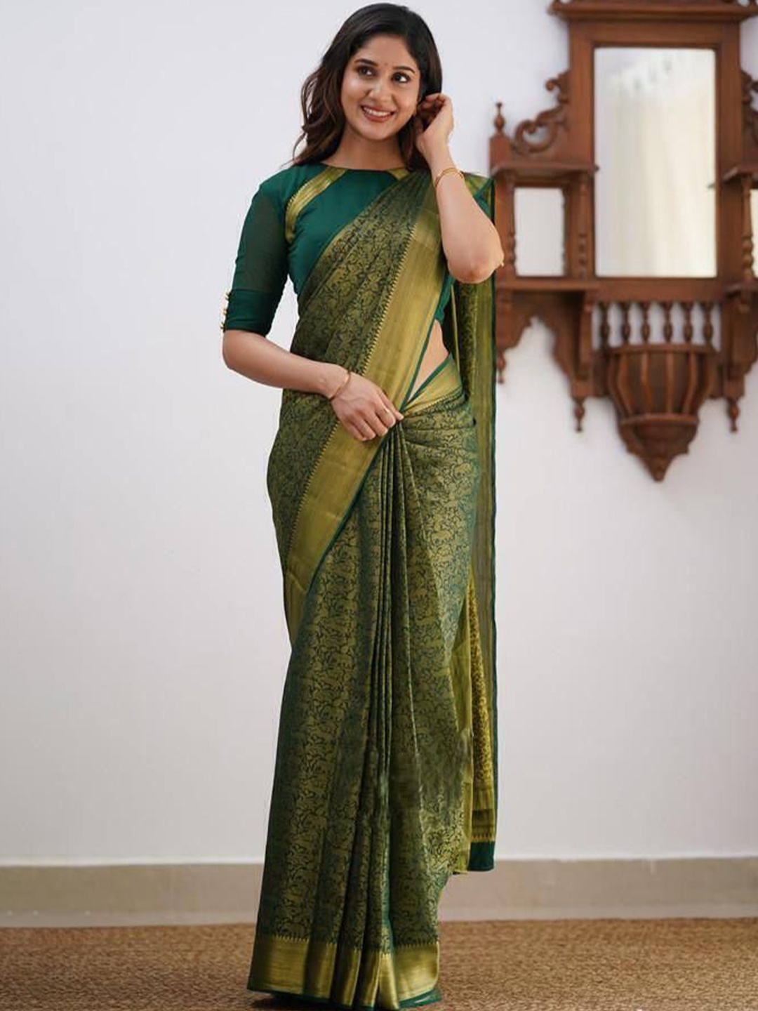 

bansari textiles Woven Design Zari Kota Saree, Green