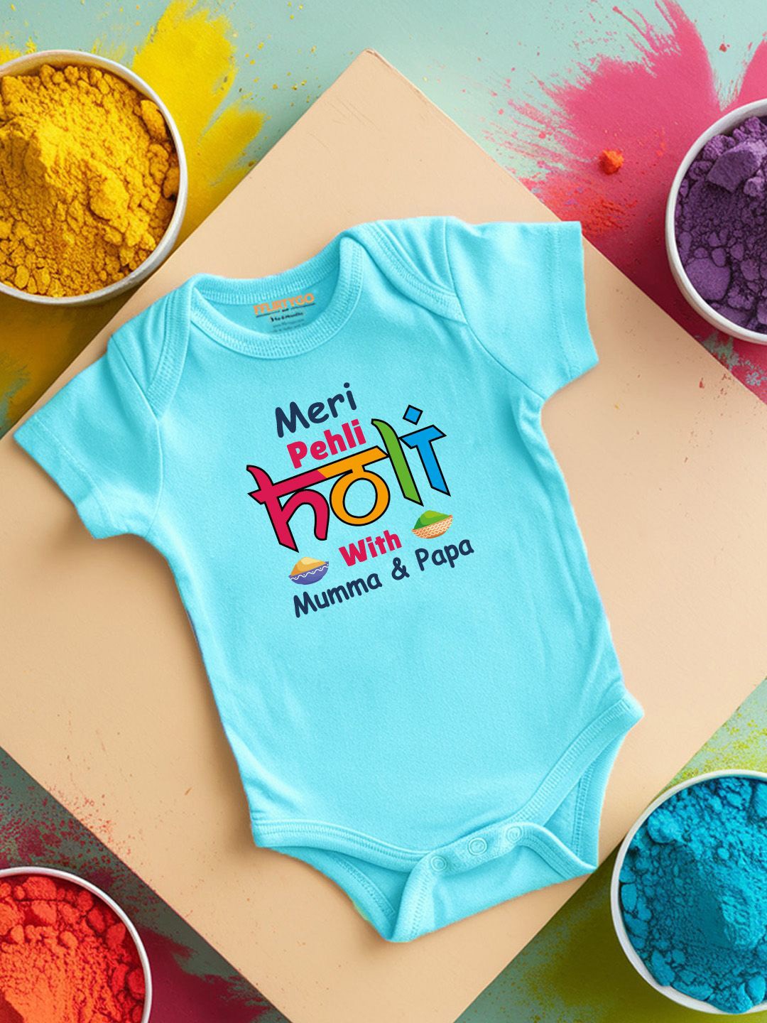 

FFLIRTYGO Infants Holi Printed Cotton Bodysuit, Turquoise blue