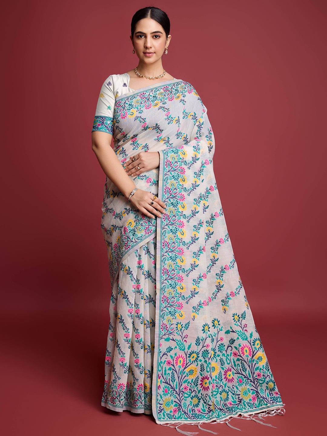 

bansari textiles Woven Design Pure Silk Banarasi Saree, White