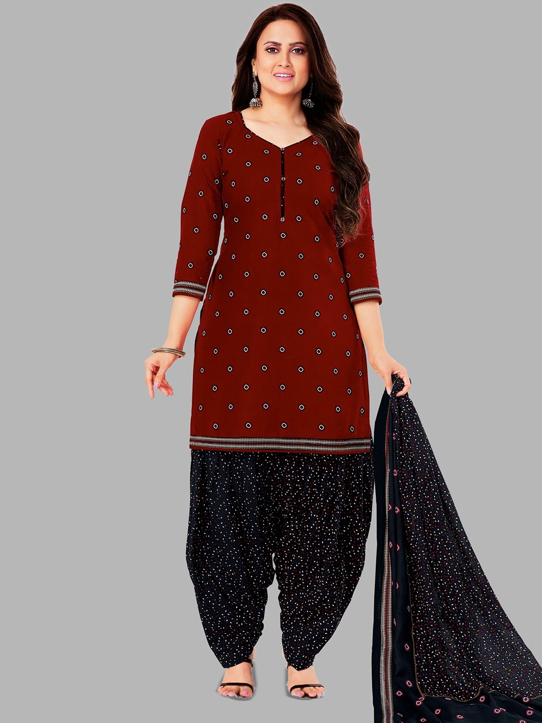 

shree jeenmata collection Geometric Printed Pure Cotton Unstitched Dress Material, Maroon
