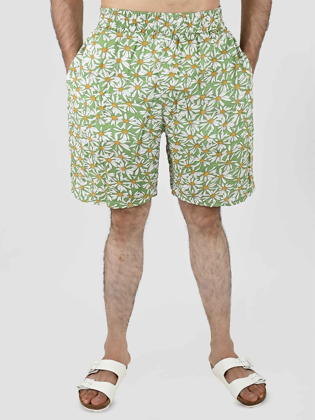 

Blissence Men Printed Cotton Lounge Shorts, Green