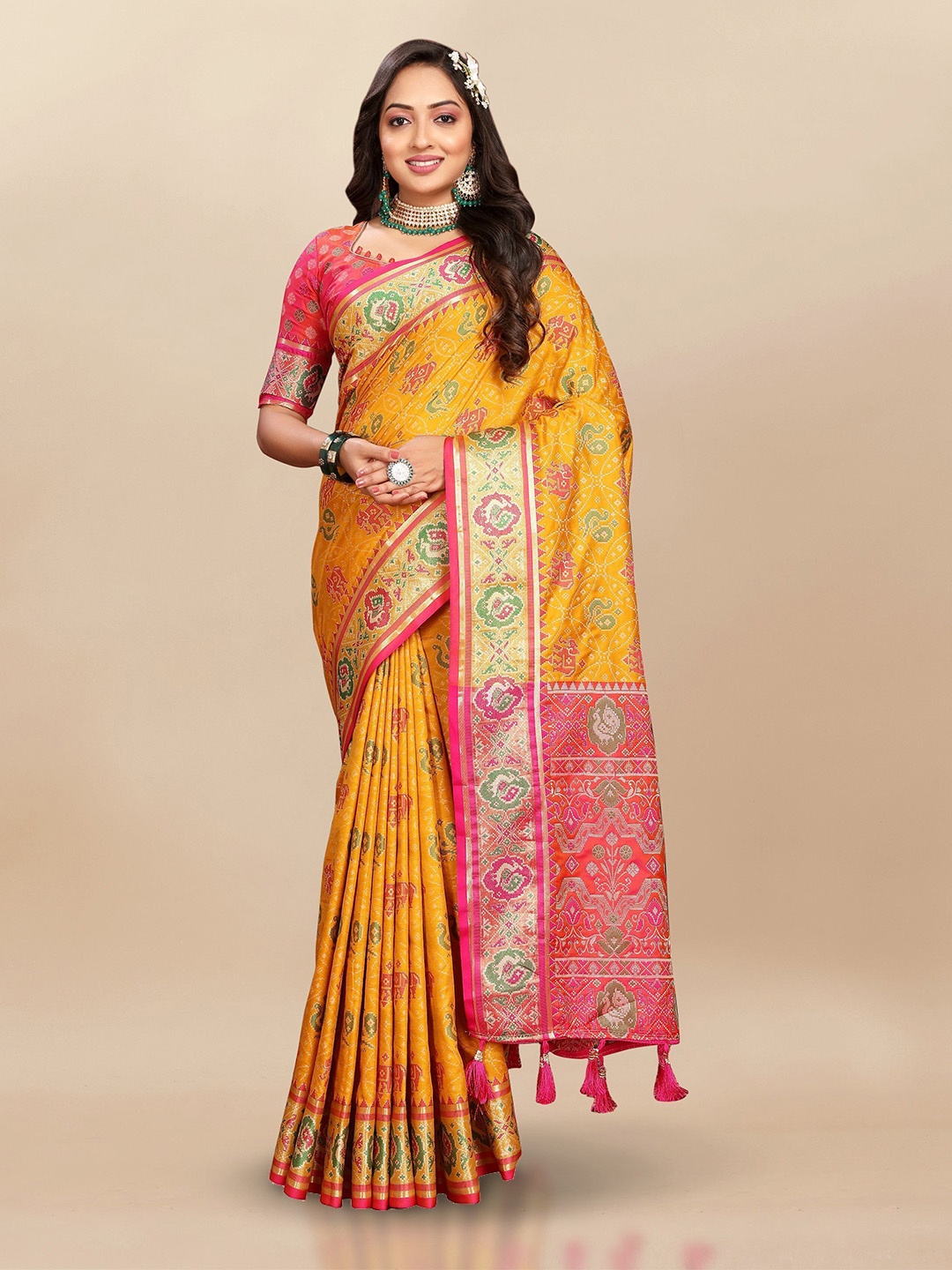 

bansari textiles Woven Design Zari Patola Saree, Yellow