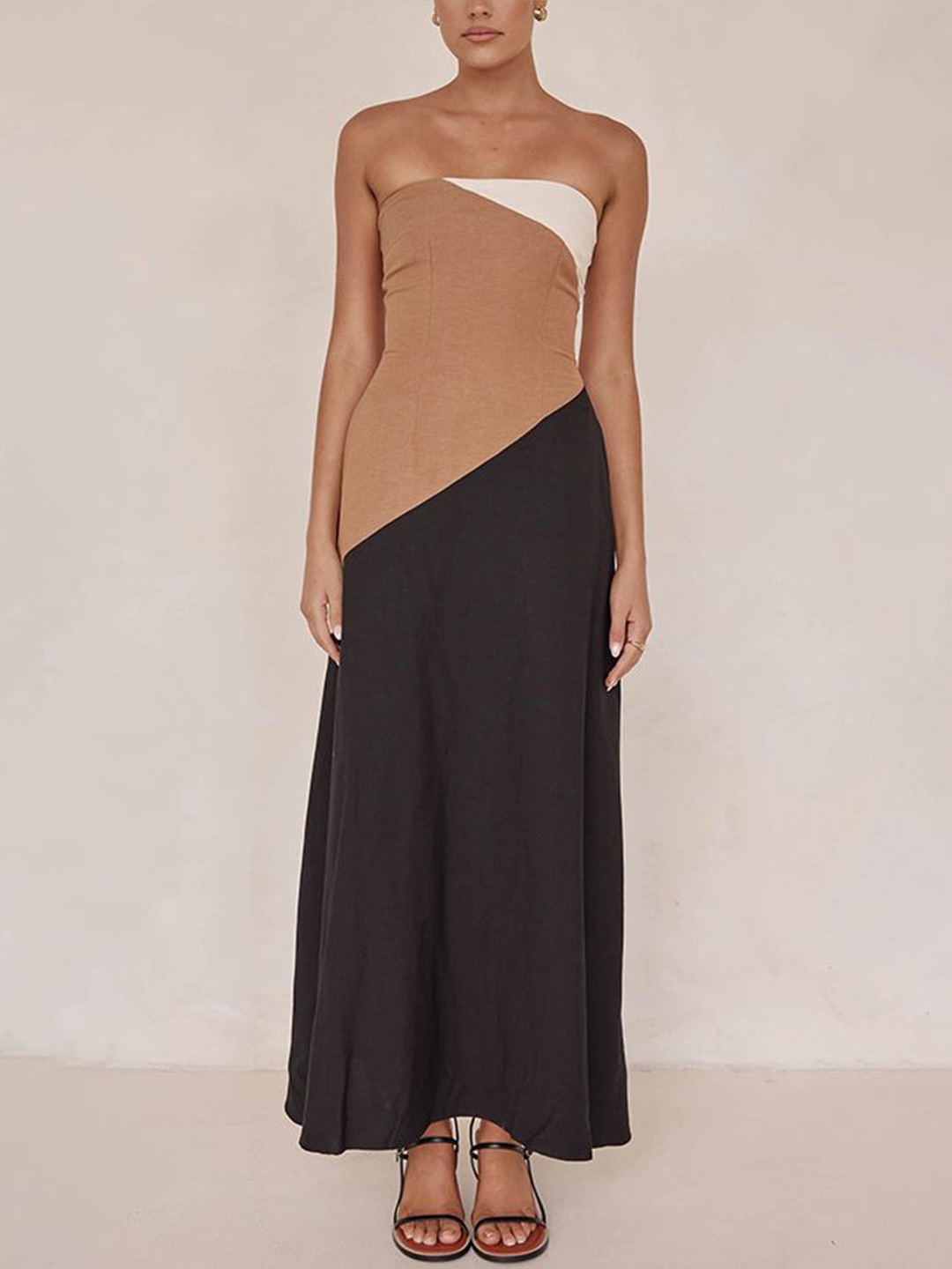 

StyleCast x Revolte Colourblocked Bandeau Maxi Dress, Coffee brown