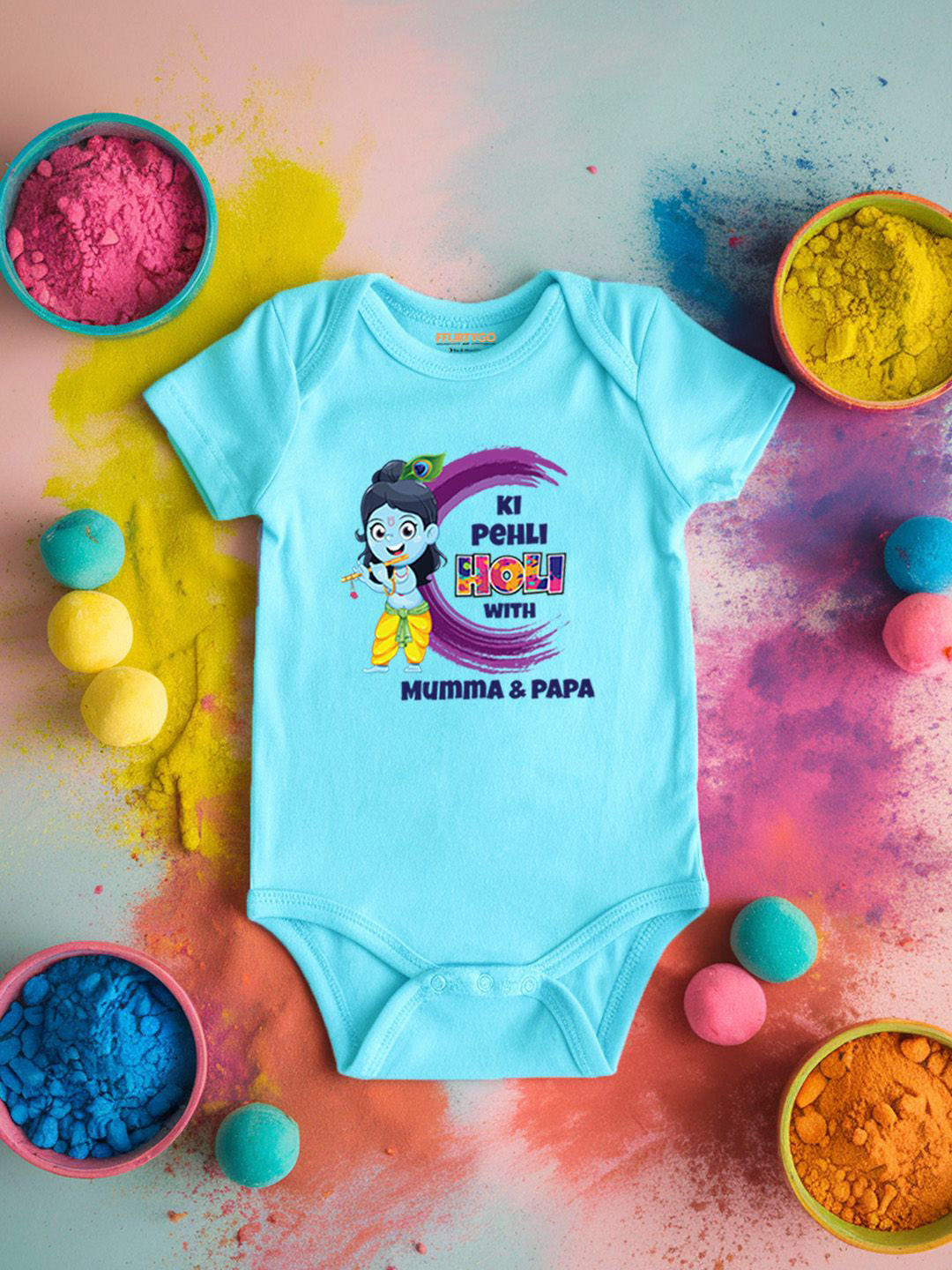 

FFLIRTYGO Infants Holi Printed Cotton Bodysuit, Turquoise blue