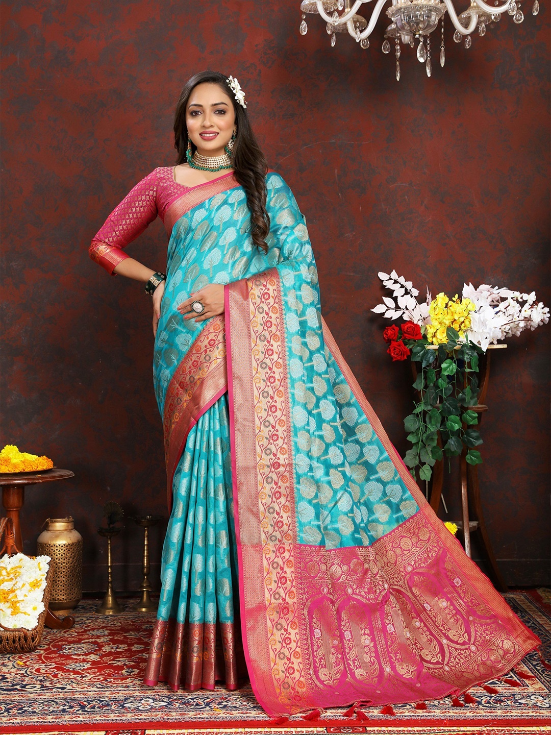 

bansari textiles Woven Design Zari Banarasi Saree, Blue