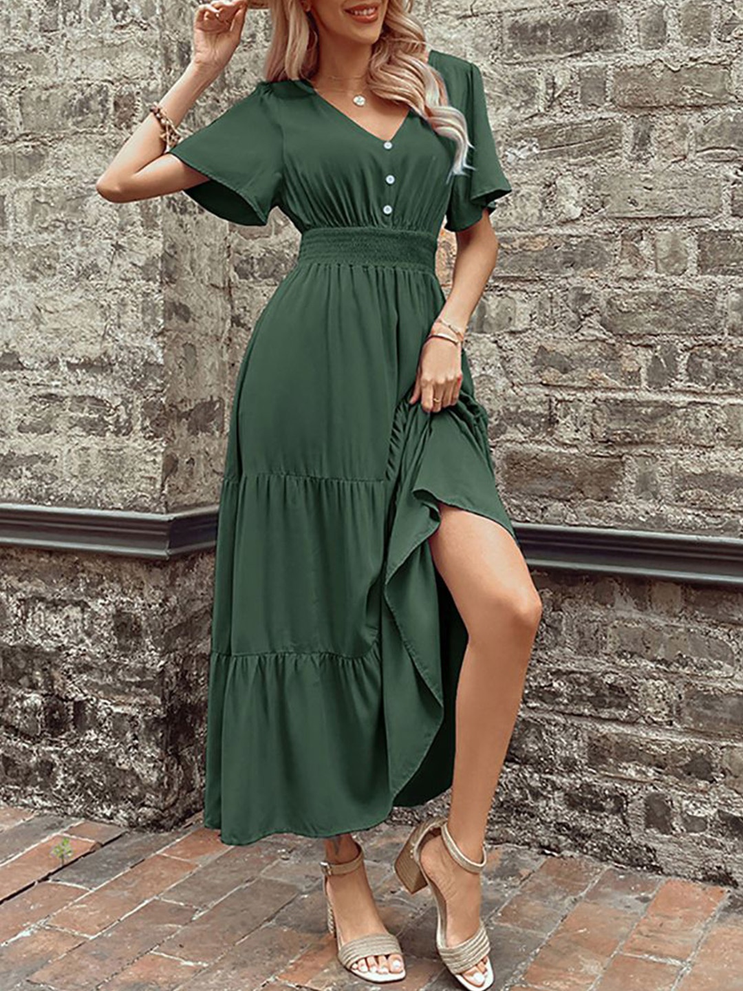 

StyleCast x Revolte V-Neck Flared Sleeves Tiered Fit and Flare Maxi Dress, Green