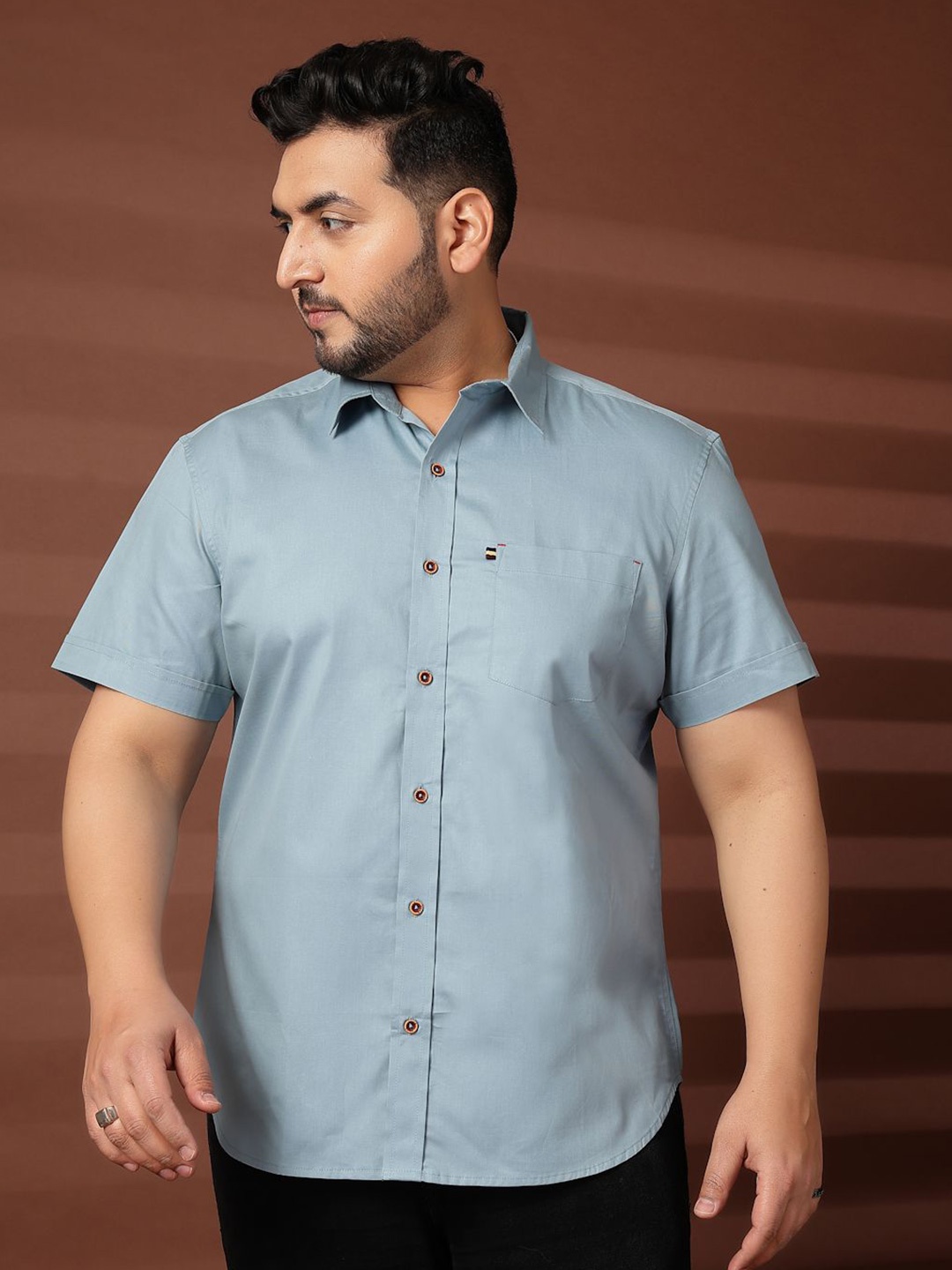 

plusS Men Plus Size Oversized Fit Spread Collar Solid Cotton Casual Shirt, Blue