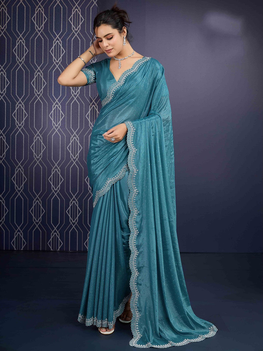 

Blissta Embellished Beads and Stones Poly Georgette Saree, Teal