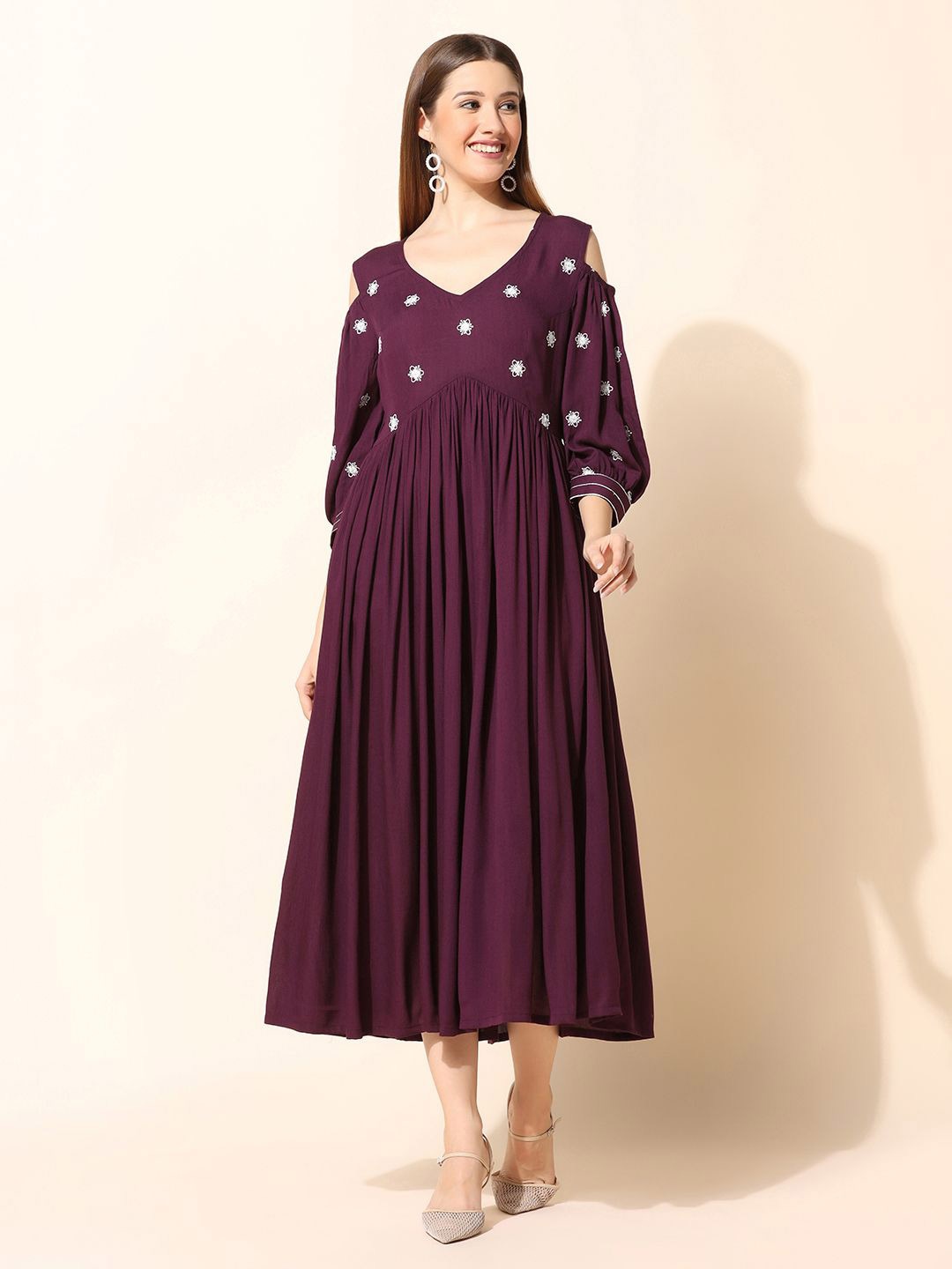

Moda Rapido Embroided Cold-Shoulder Empire Midi Dress, Maroon