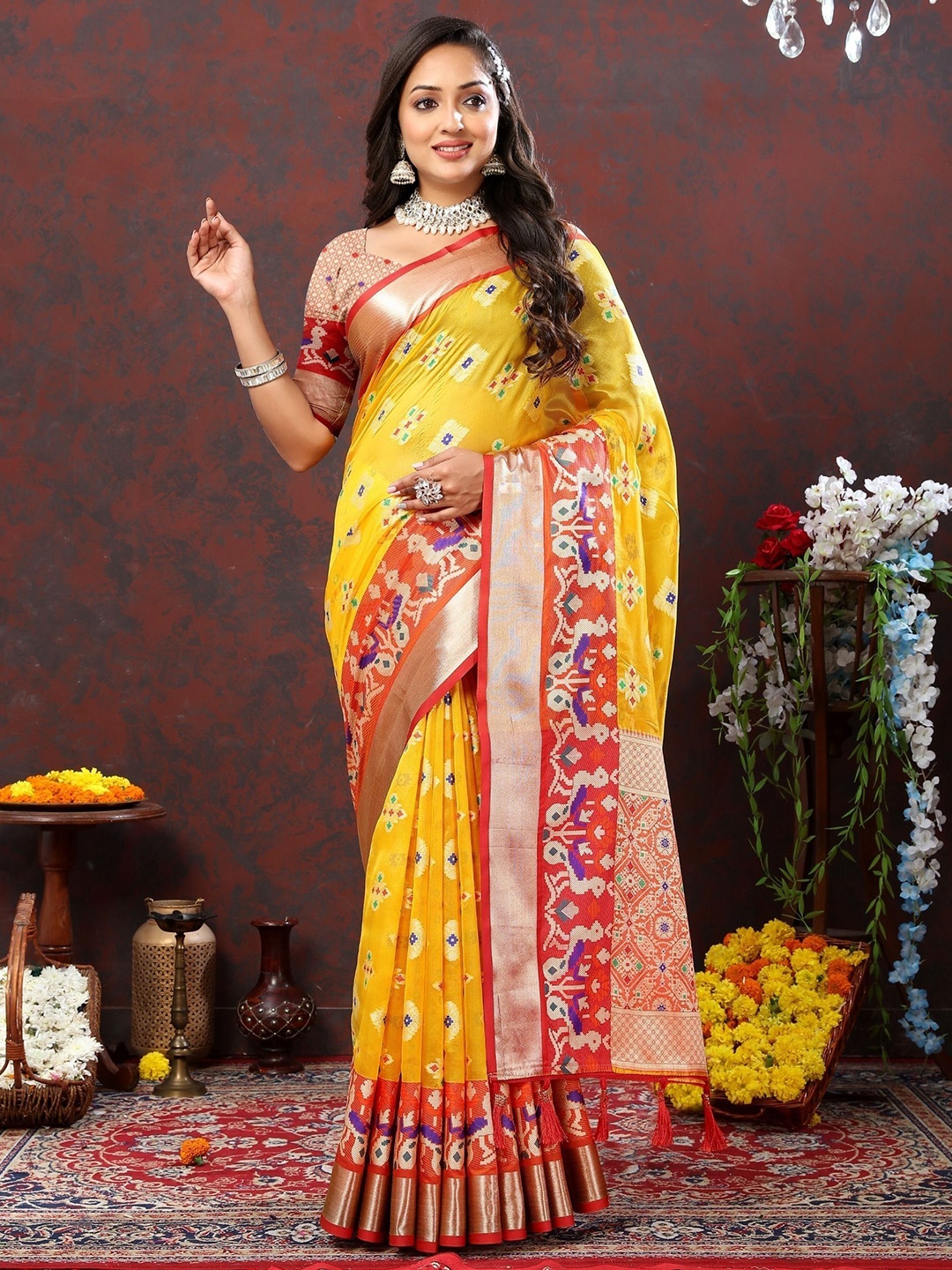 

bansari textiles Woven Design Zari Paithani Saree, Yellow