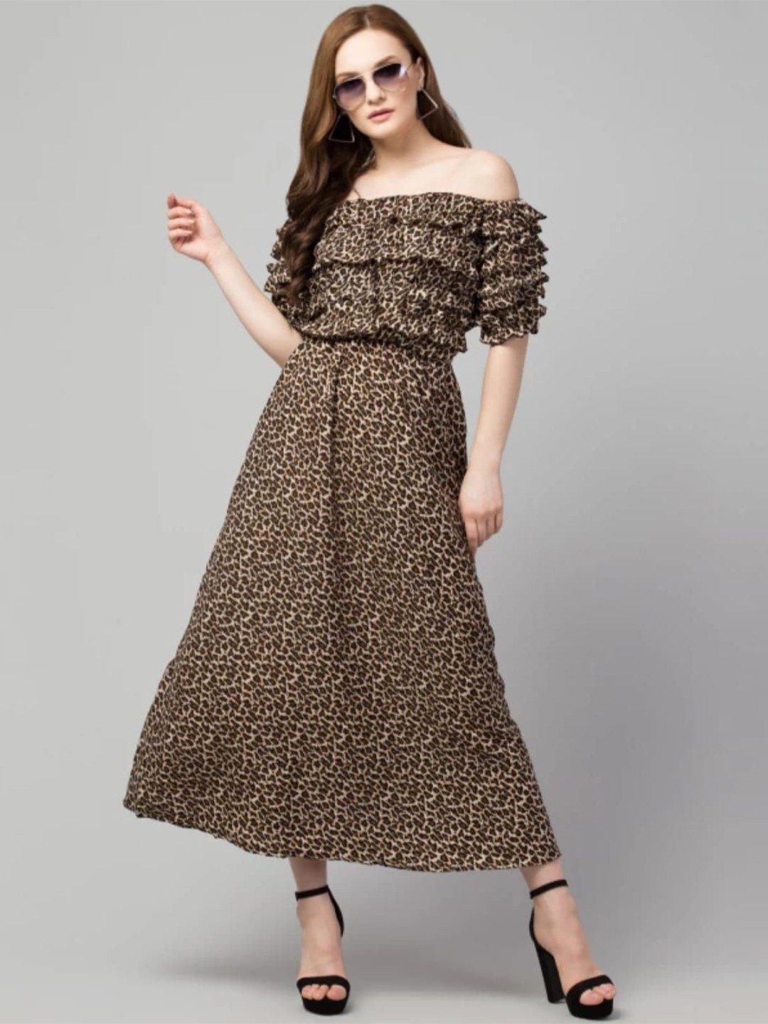 

BPT DESIGNER Animal Print Ruffled Crepe Maxi Dress, Brown