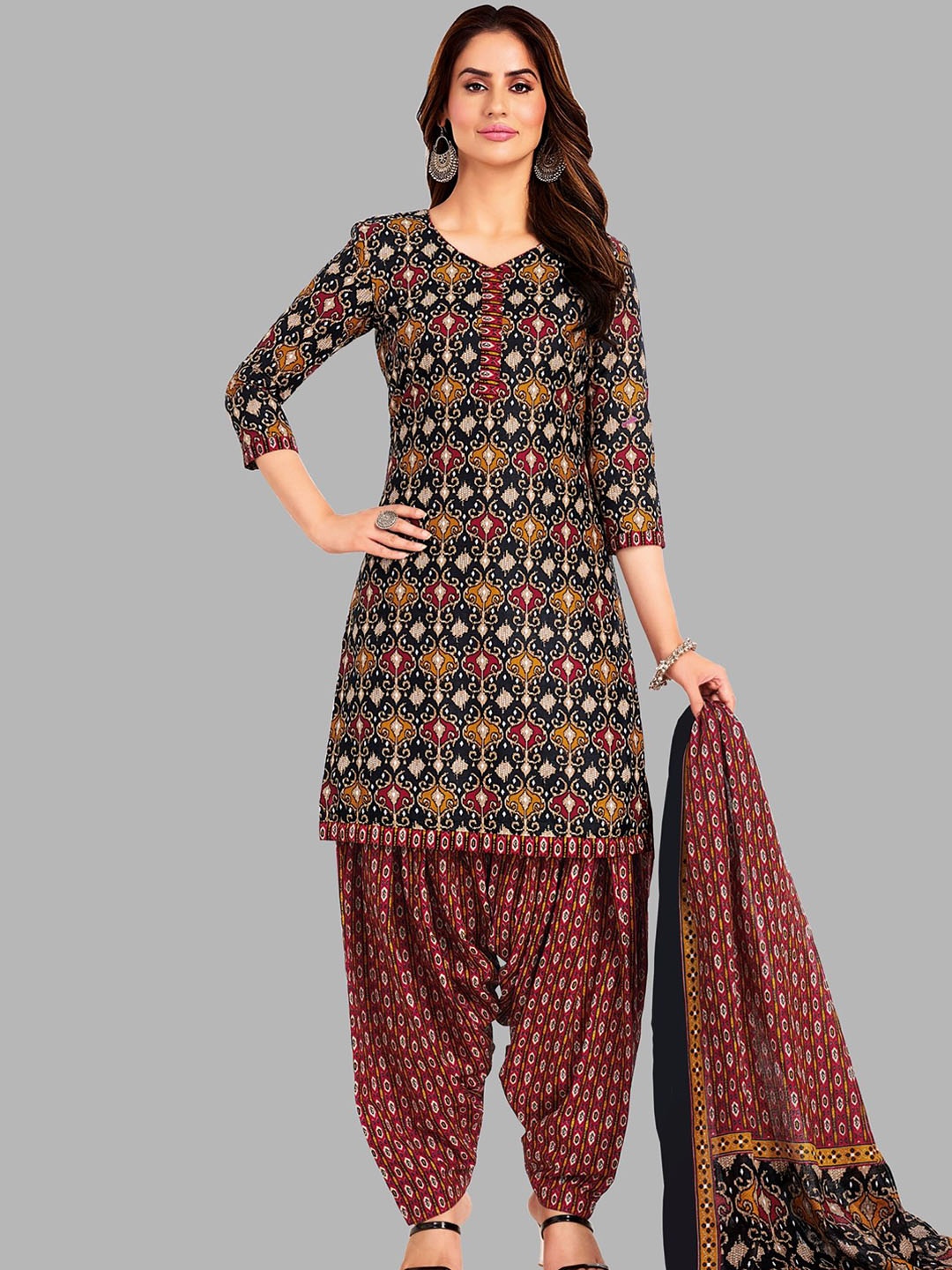 

shree jeenmata collection Ethnic Motifs Printed Pure Cotton Unstitched Dress Material, Black