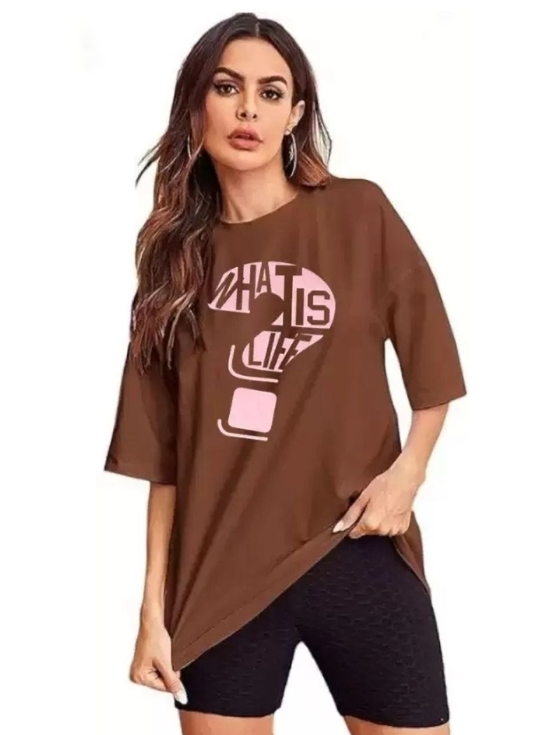 

SALUJA FABRICS Women Typography Printed Extended Sleeves T-shirt, Black
