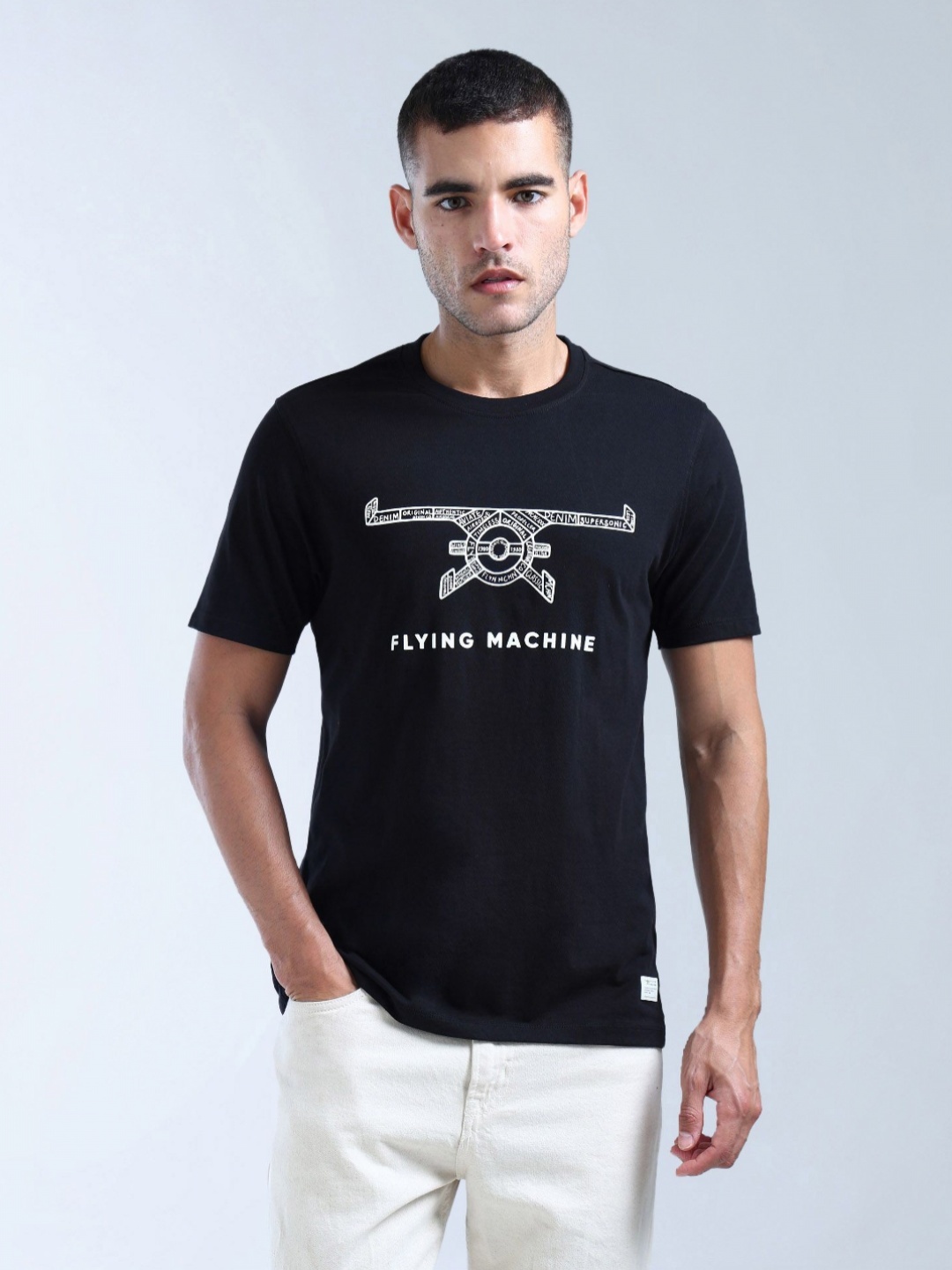 

Flying Machine Men Brand Logo Printed Pockets T-shirt, Black