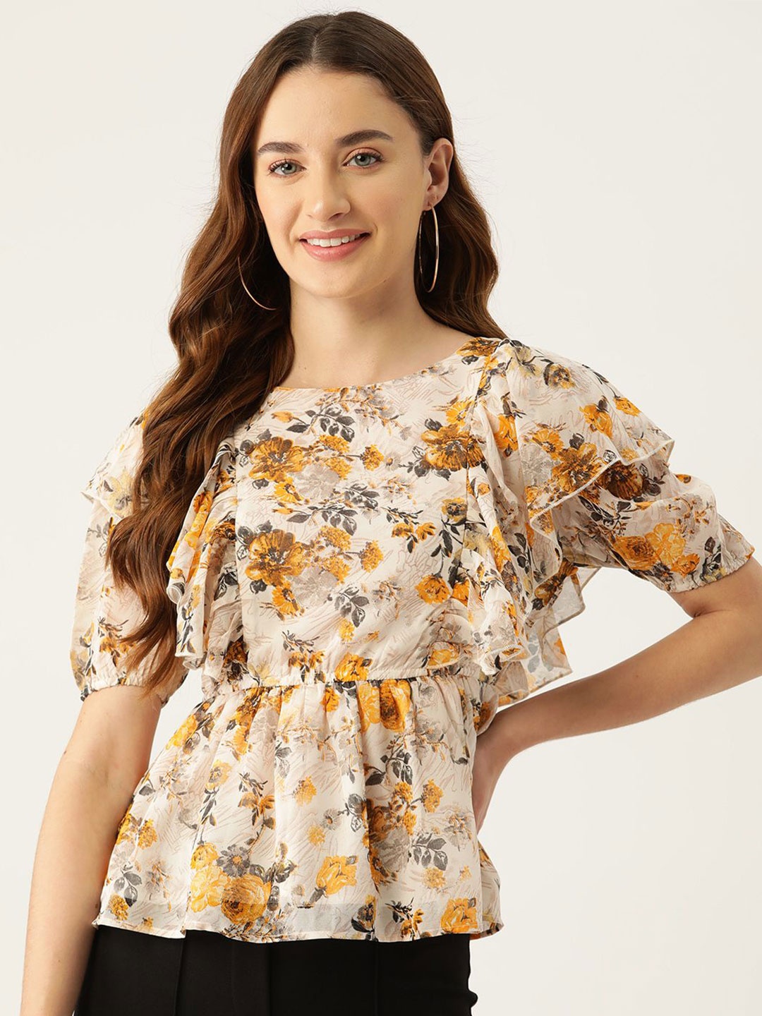 

Moda Rapido Floral Print Flared Sleeve Crepe Peplum Top, Multi