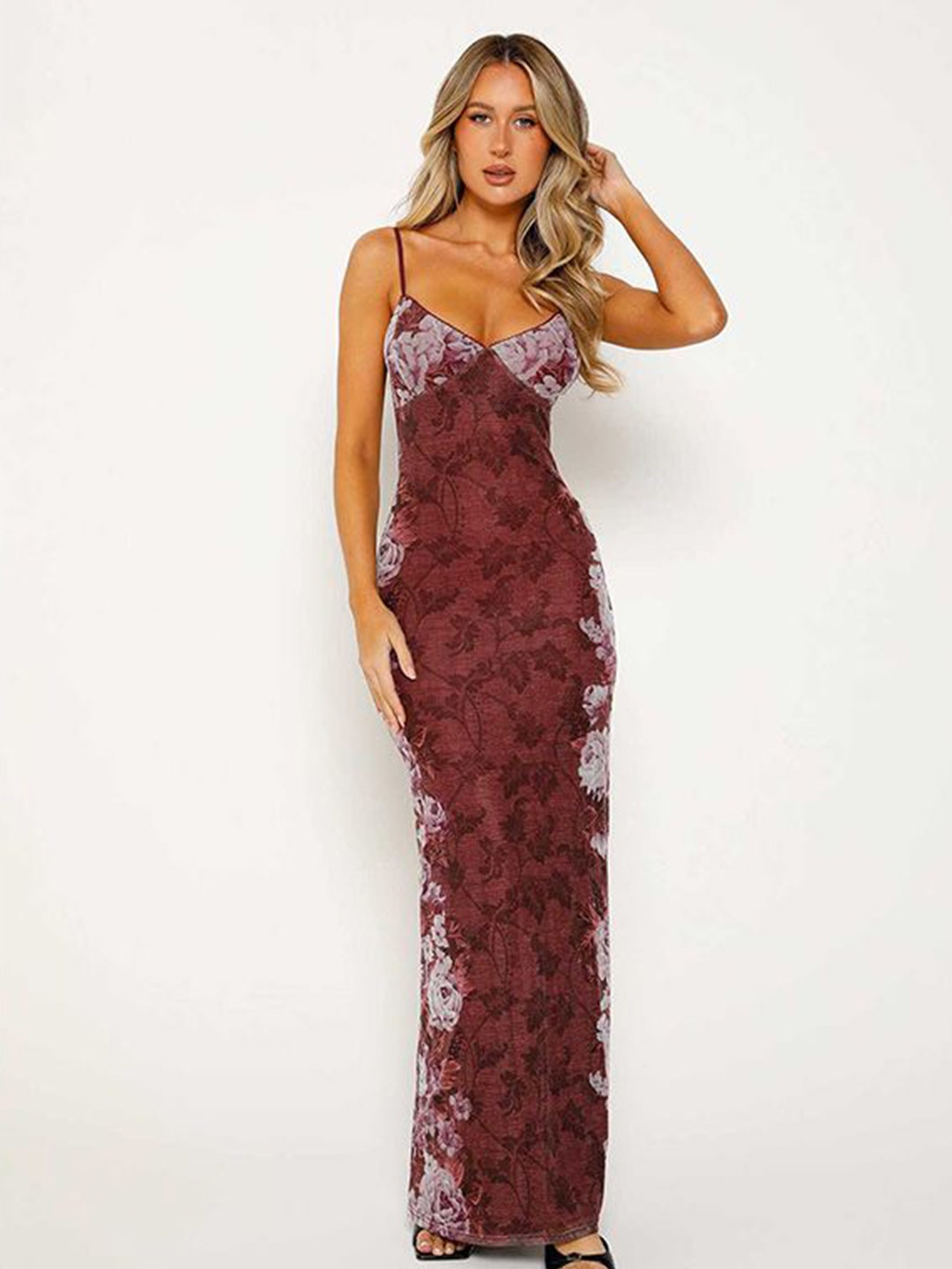 

StyleCast x Revolte Women Floral Printed Bodycon Maxi Dress, Maroon
