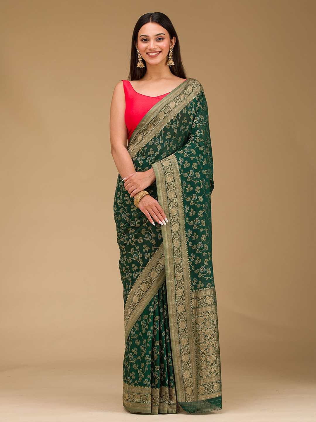 

Koskii Bottle Green Zariwork Georgette Saree