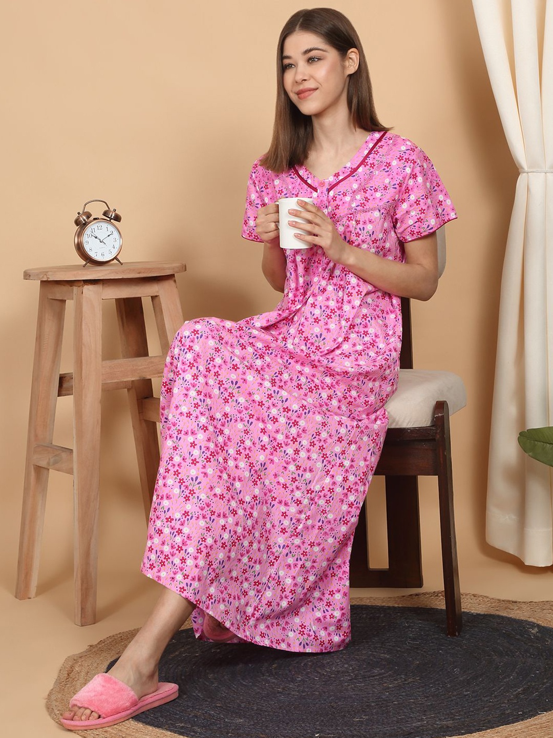 

SAANJ Printed Pure Cotton Maxi Nightdress, Pink