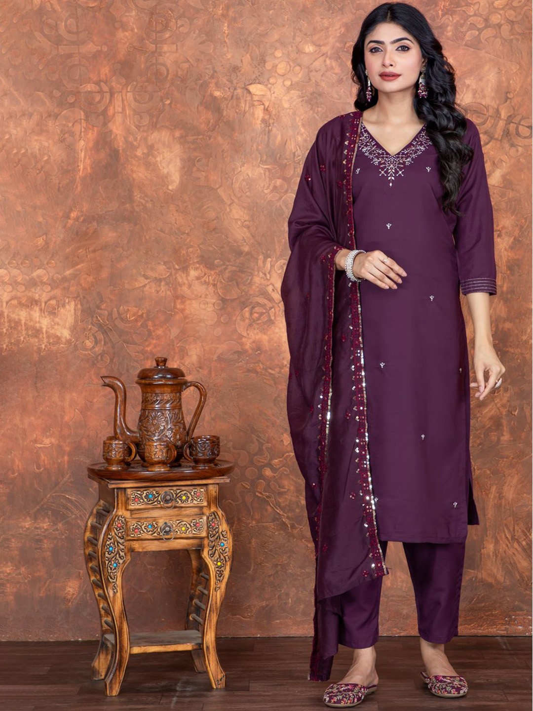 

KALINI V-Neck Floral Embroidered Straight Kurta With Trouser And Dupatta, Purple