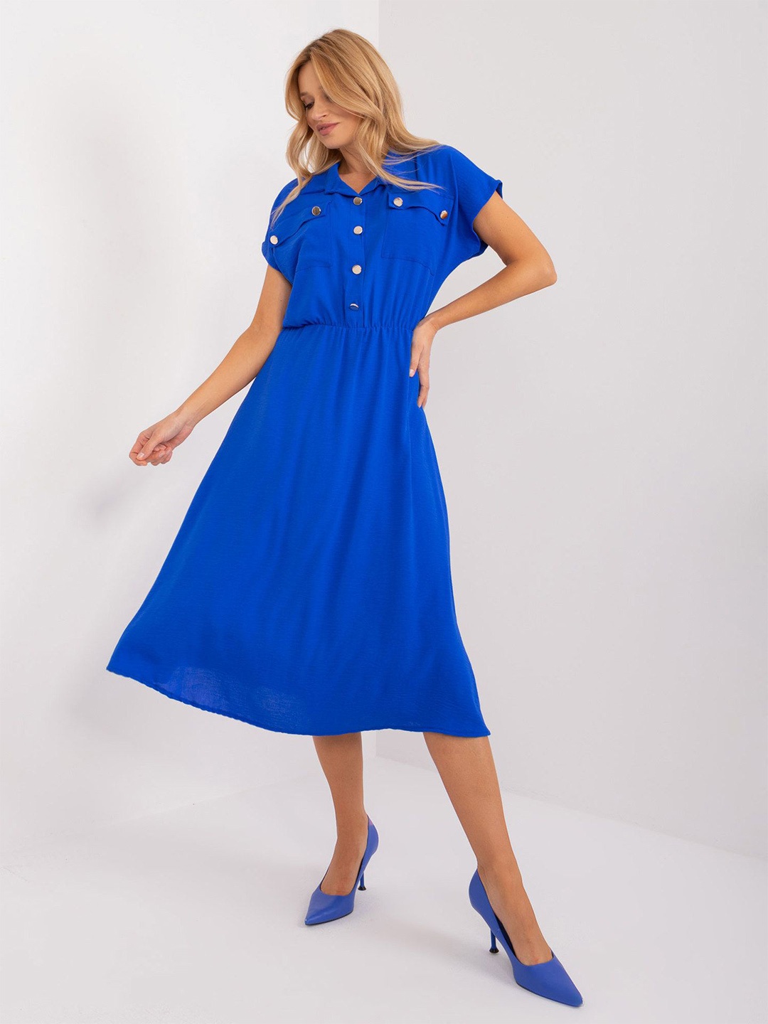 

StyleCast x Revolte Shirt Collar Georgette Blouson Midi Dress, Blue