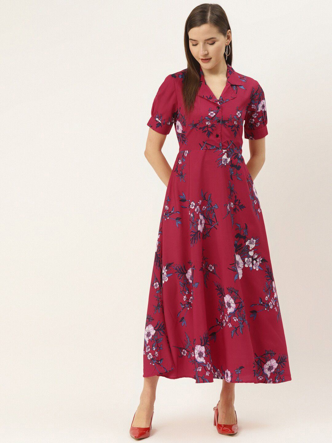 

DressBerry Floral Print Crepe A-Line Midi Dress, Red