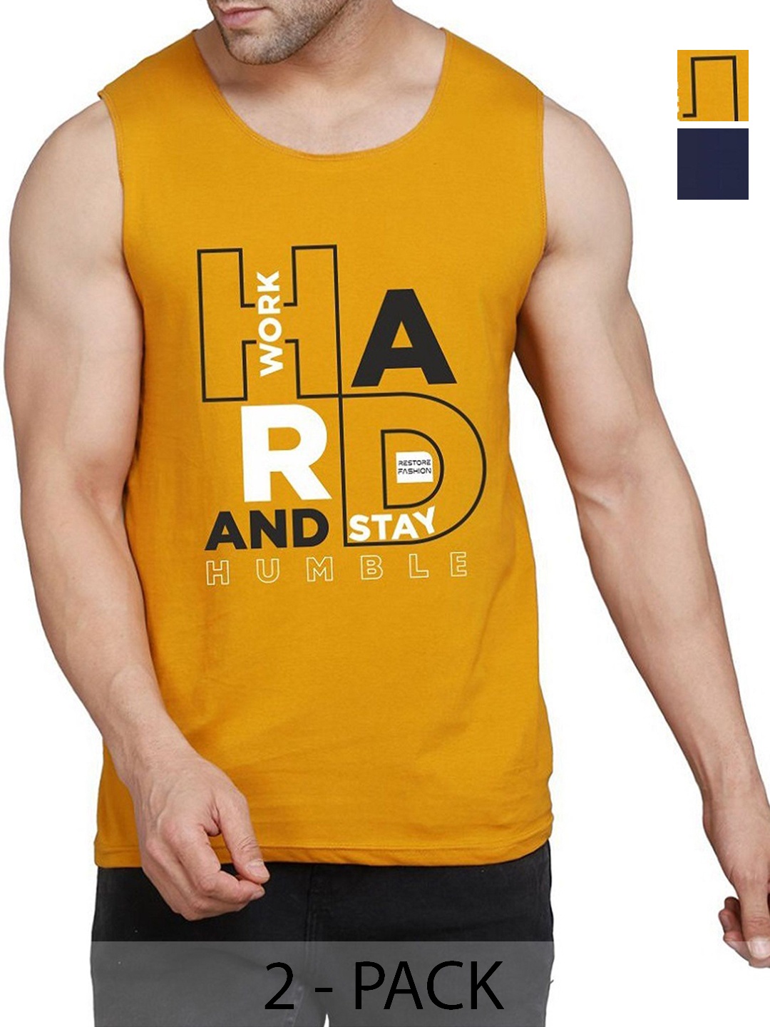 

WOOSTRO Men Pack Of 2 Typography Printed Round Neck Cotton Slim Fit T-shirts, Mustard