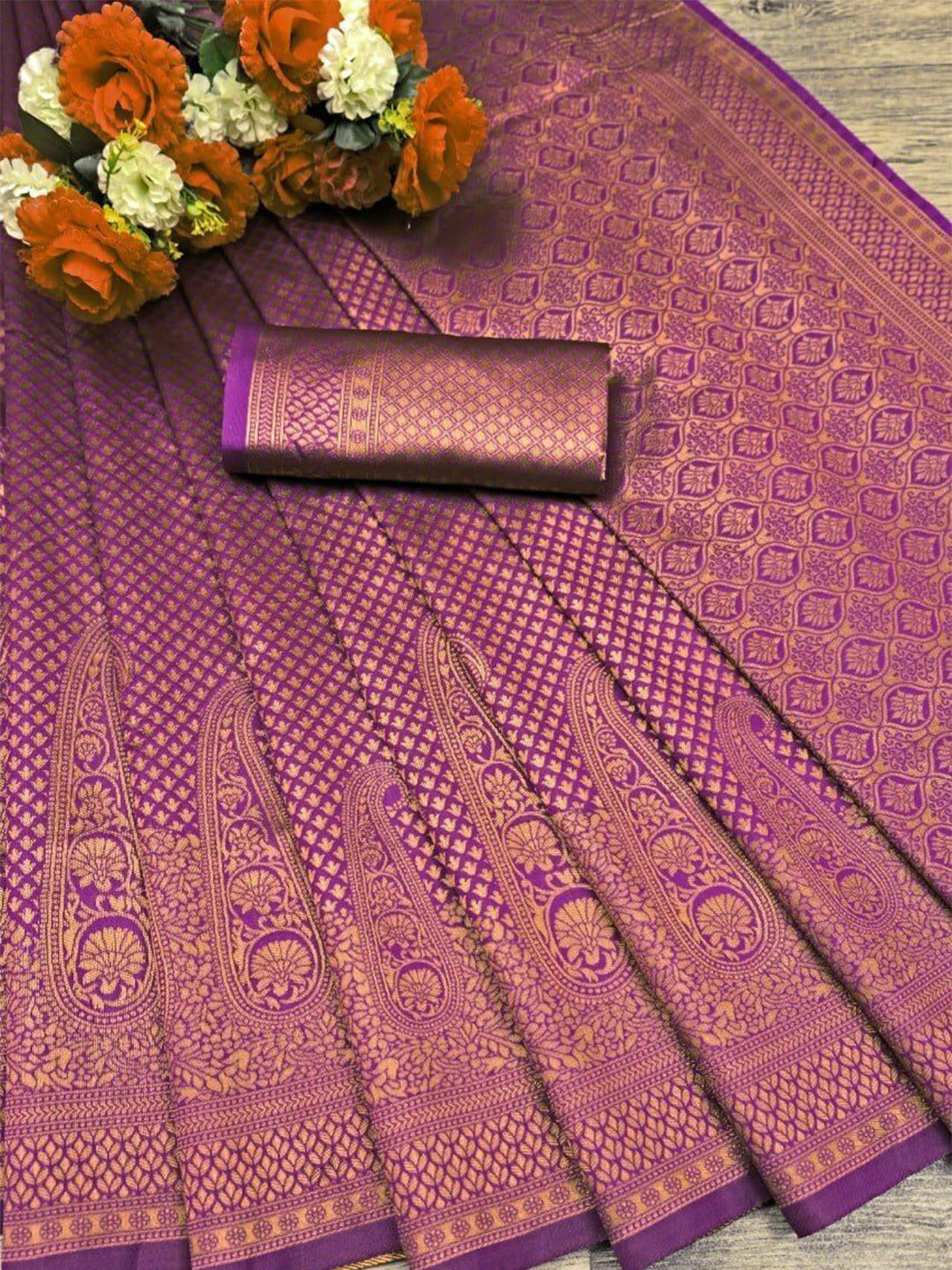

bansari textiles Woven Design Pure Silk Banarasi Saree, Purple