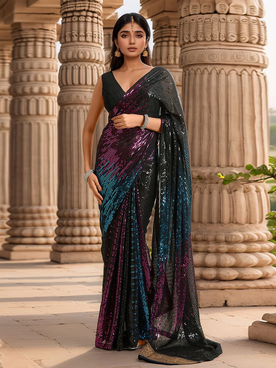 

Samyukta Singhania Embellished Sequinned Pure Georgette Ikat Saree, Black