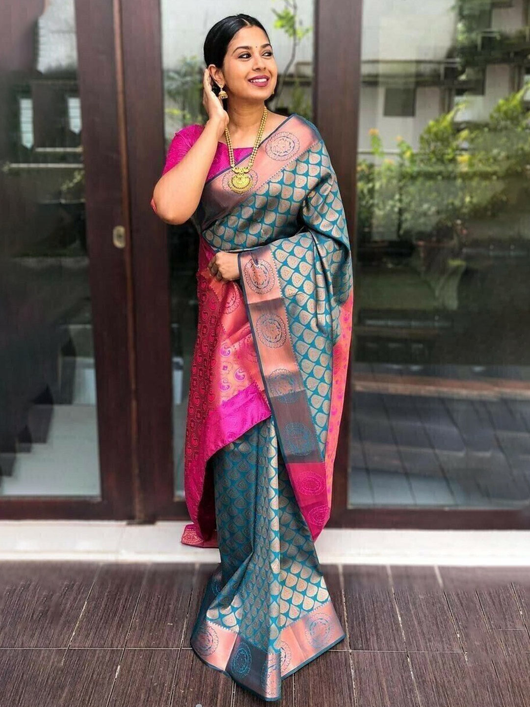 

bansari textiles Woven Design Zari Kanjeevaram Saree, Green