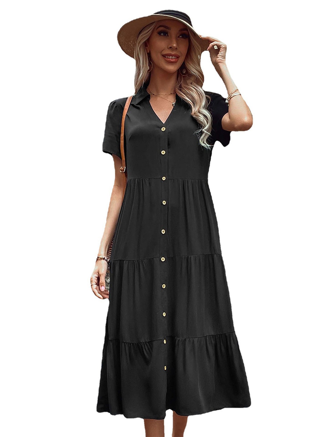 

StyleCast x Revolte Women Shirt Collar Shirt Midi Dress, Black