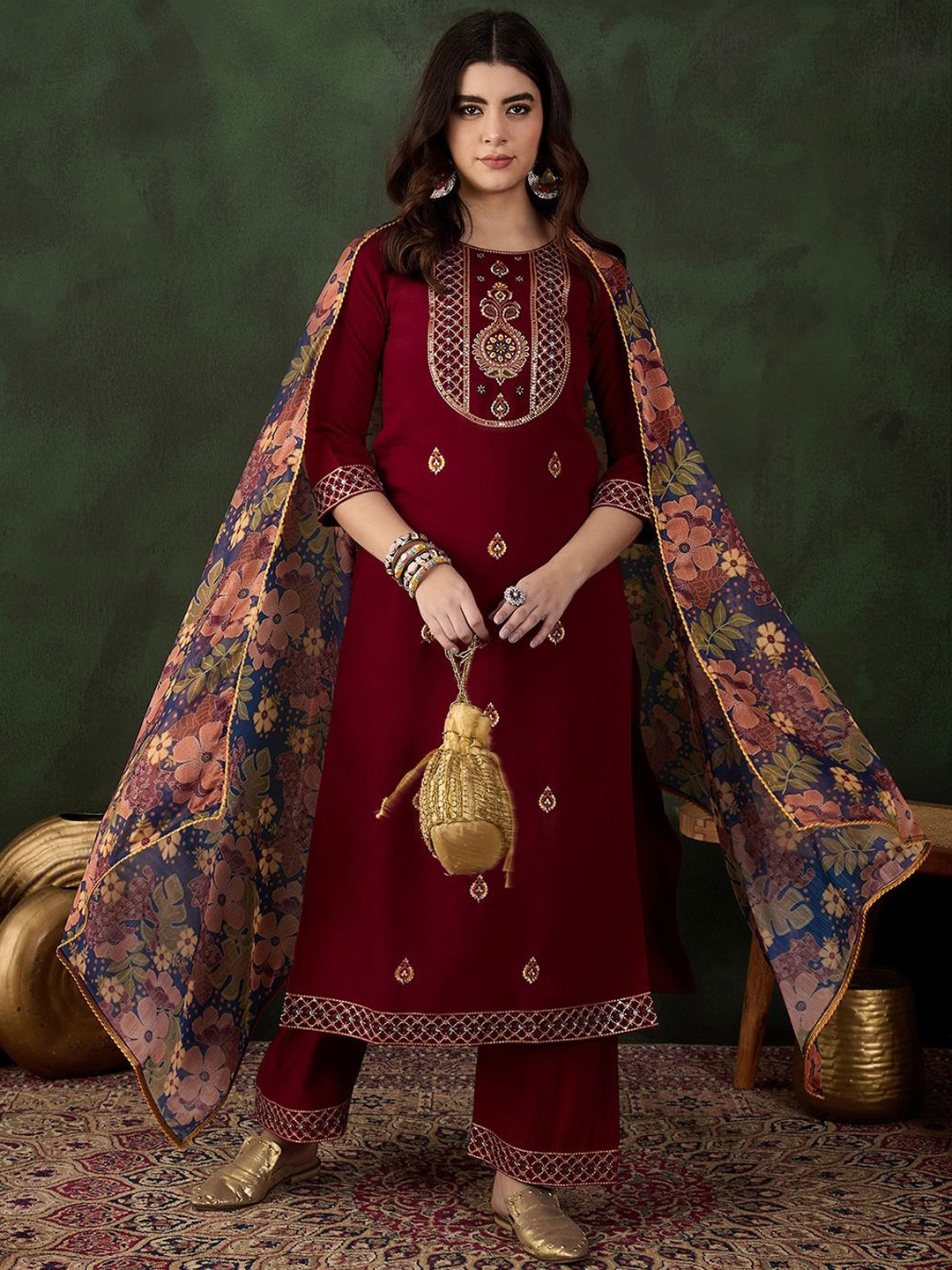 

Sangria Maroon Floral Embroidered Sequinned Straight Kurta Trouser With Dupatta
