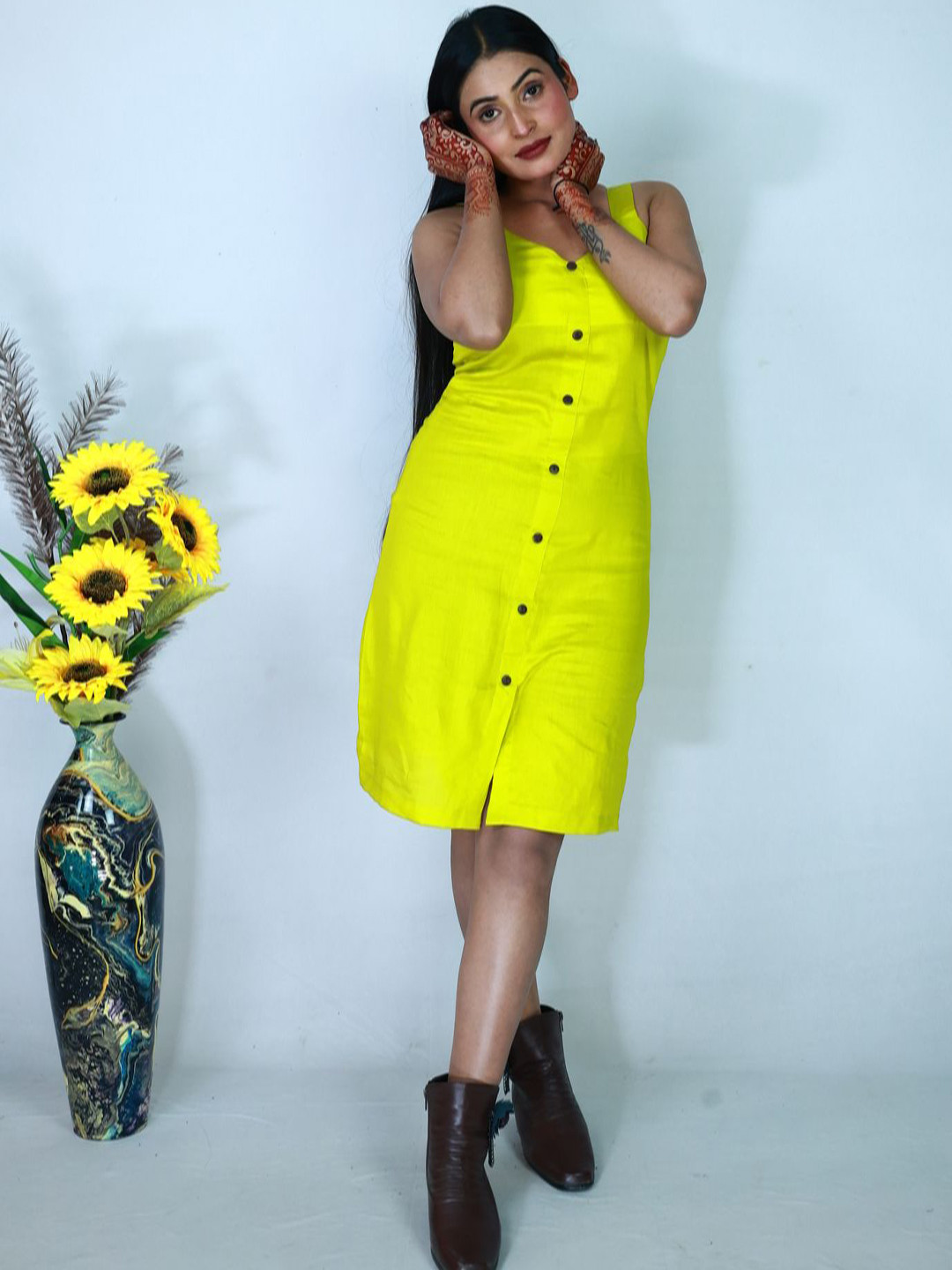 

GEETUES Women Cotton Bodycon Dress, Lime green