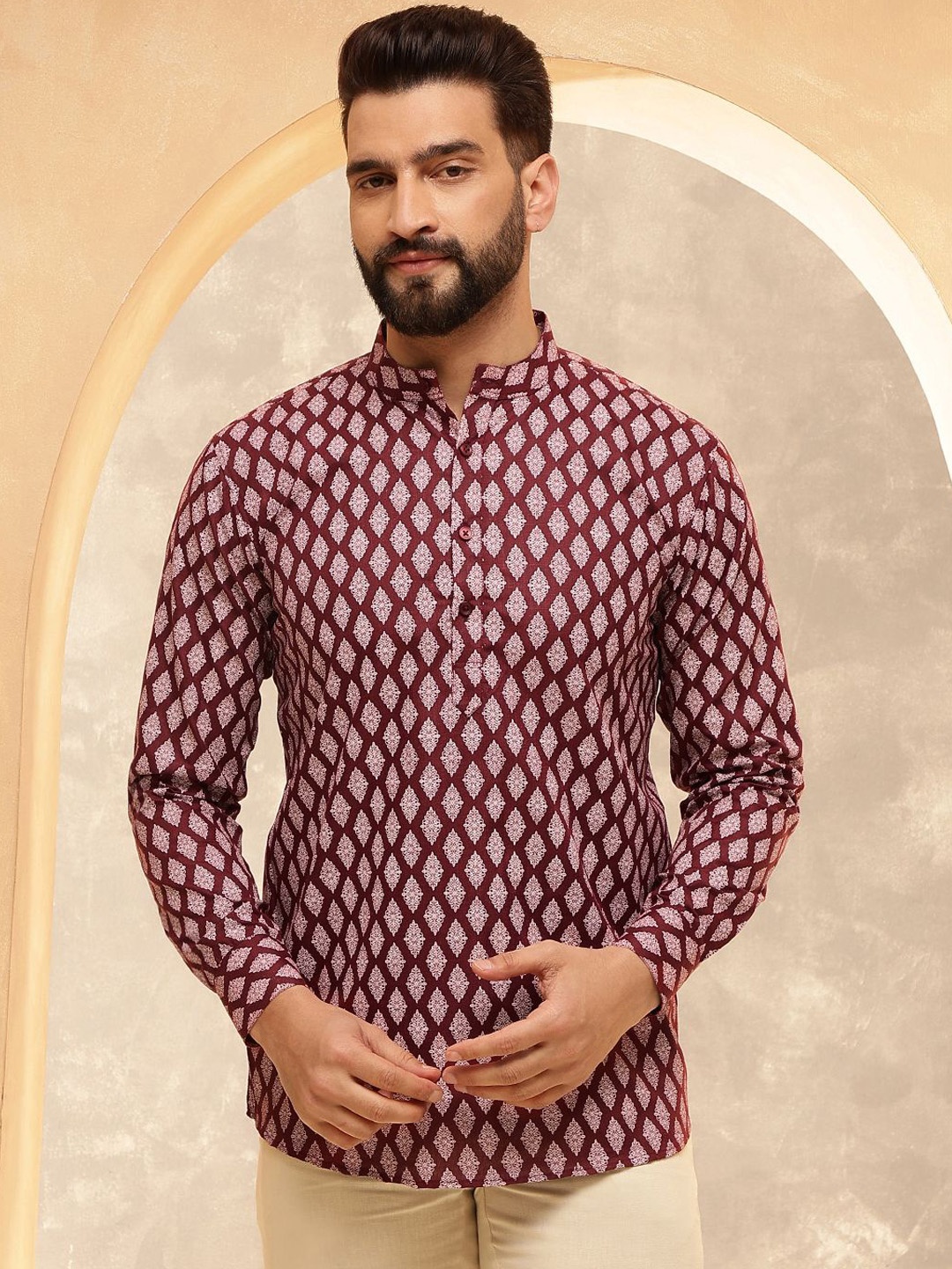 

Anouk Maroon Ethnic Motifs Printed Band Collar Straight Short Kurta