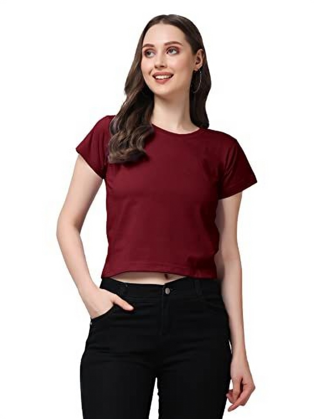 

NOTWILD Women Solid Round Neck Cotton T-shirt, Burgundy