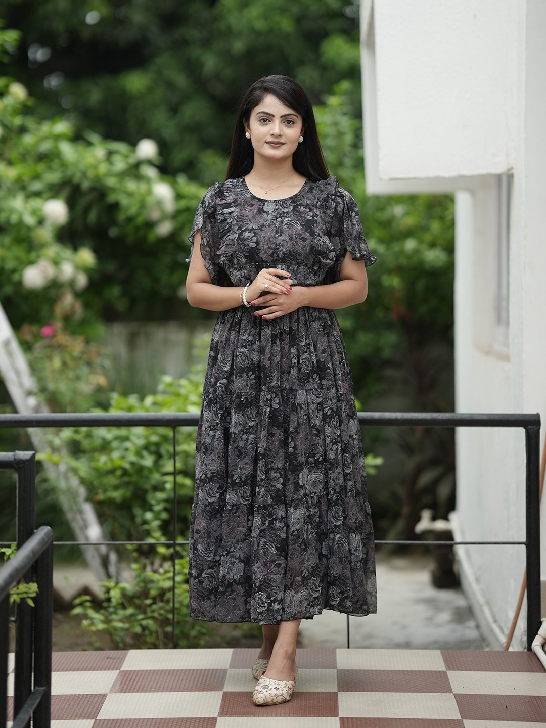 

Anouk Floral Printed Georgette Maxi Dress, Black