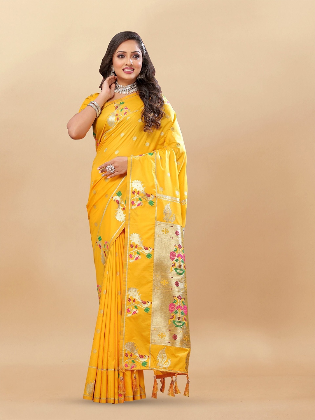 

bansari textiles Woven Design Pure Silk Paithani Saree, Mustard