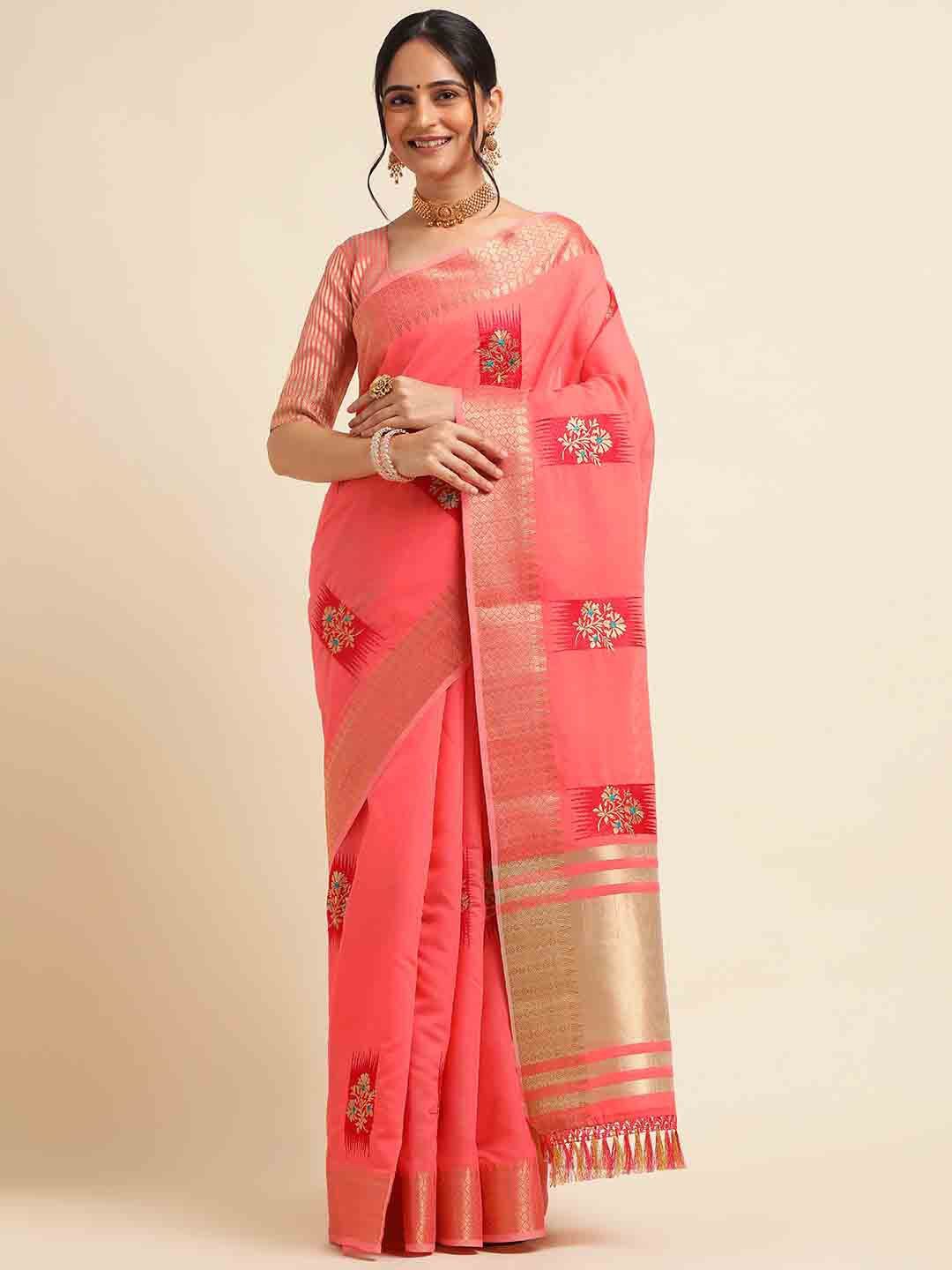 

Blissta Floral Embroidered Saree, Red