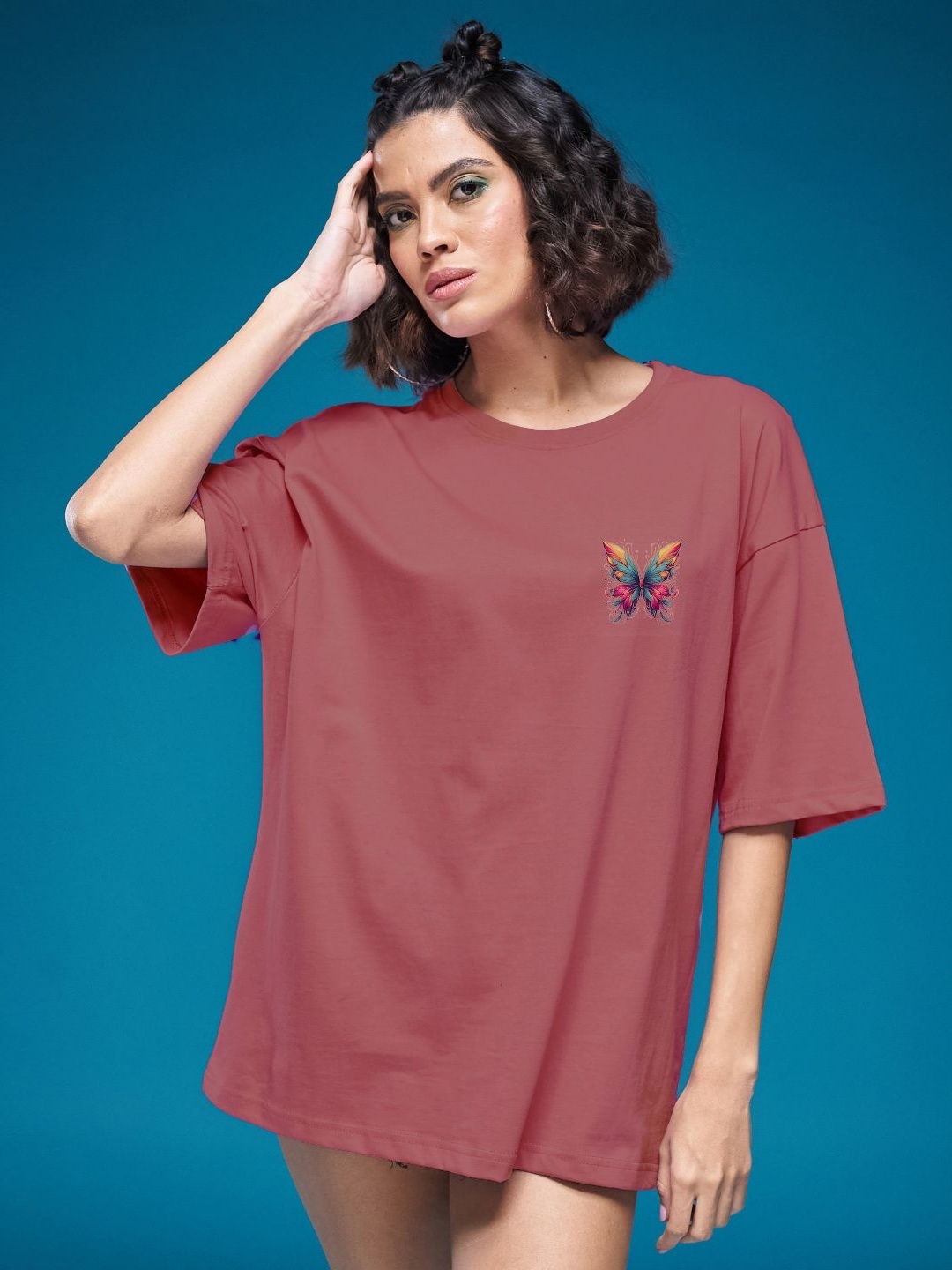 

SMARTEES Women Printed Raw Edge T-shirt, Peach
