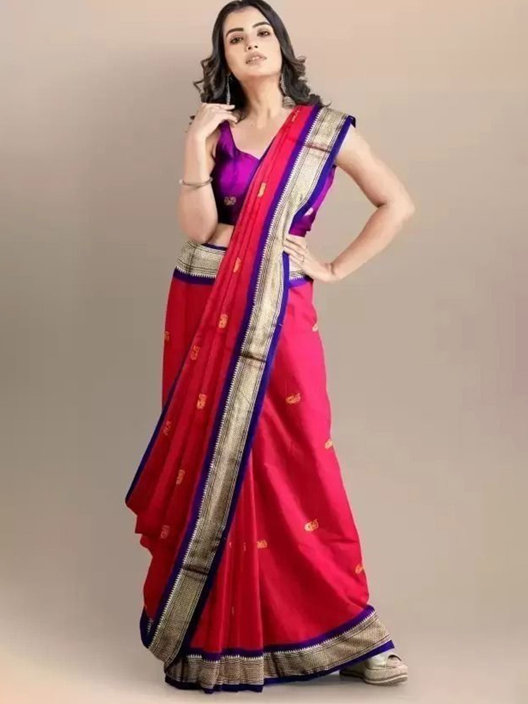 

bansari textiles Woven Design Pure Silk Paithani Saree, Red