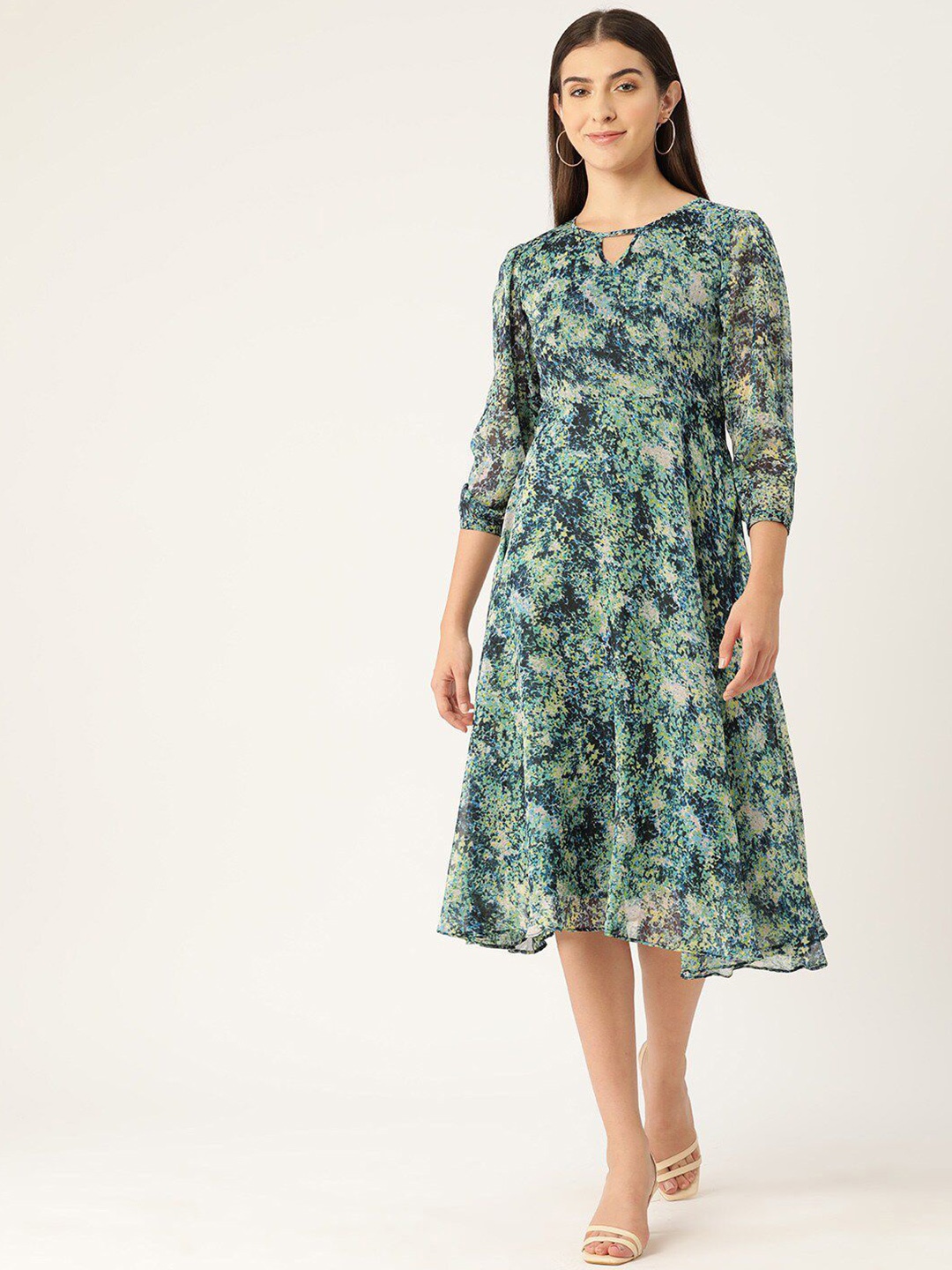 

DressBerry Floral Print Puff Sleeve Chiffon Fit & Flare Midi Dress, Green