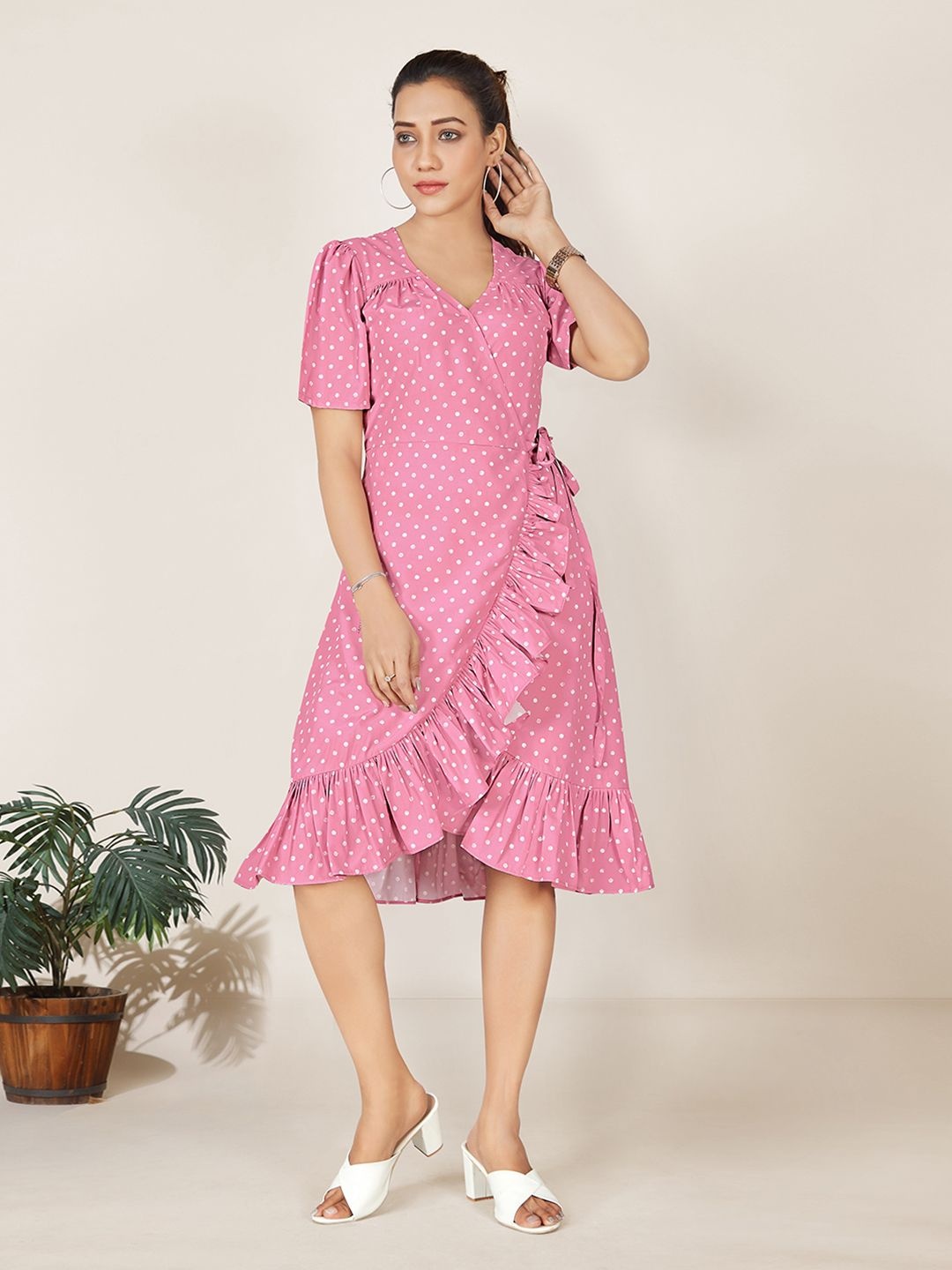 

Moda Rapido Polka Dot Printed Puff Sleeve Chiffon Wrap Dress, Pink