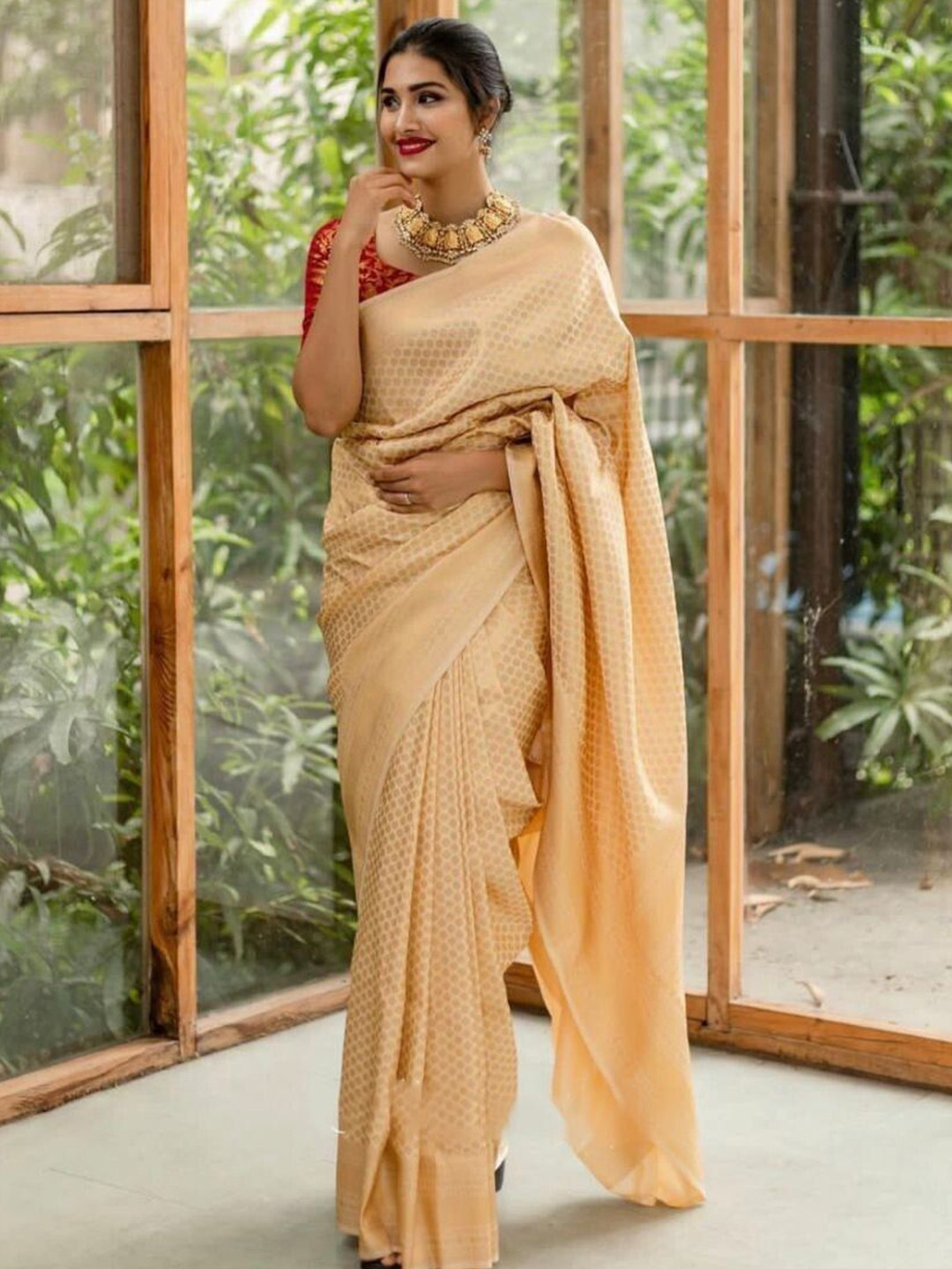 

bansari textiles Woven Design Zari Banarasi Saree, Beige