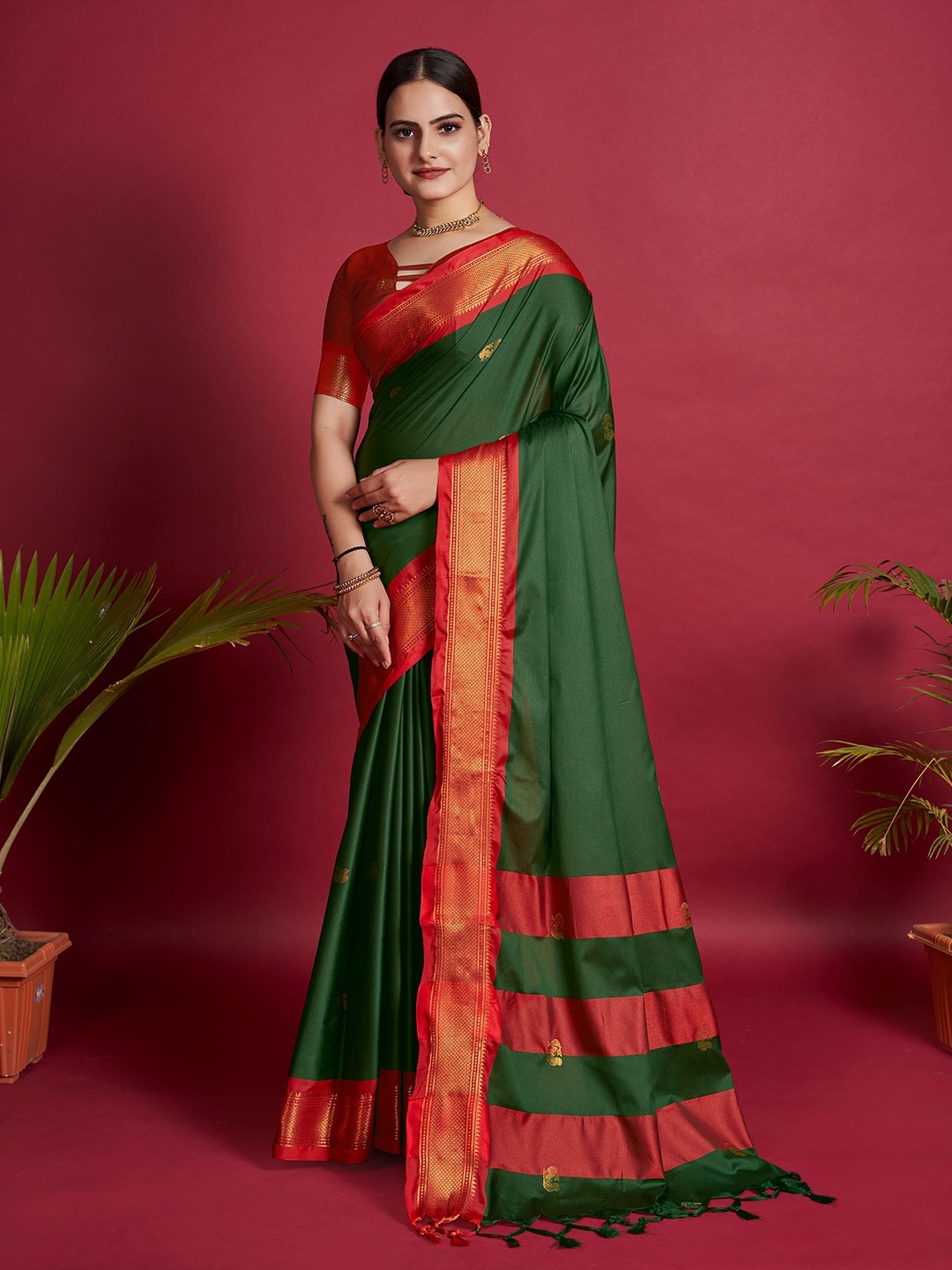 

bansari textiles Woven Design Zari Banarasi Saree, Green