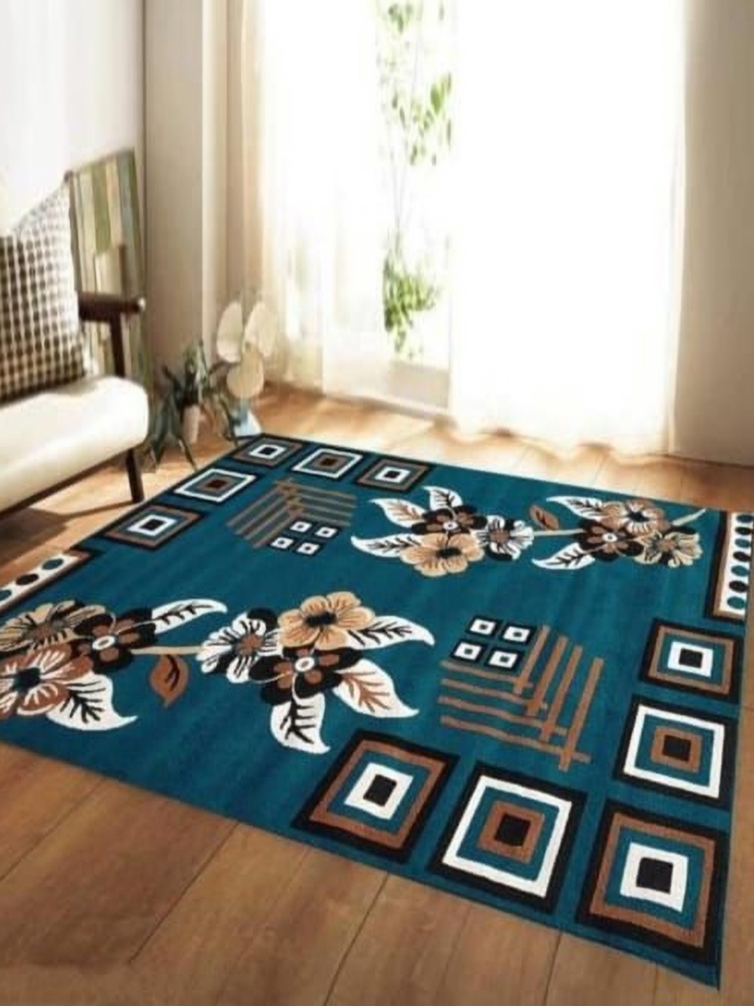 

Samjeeda Handloom carpets Blue & Black Floral Printed Anti-Skid Carpet