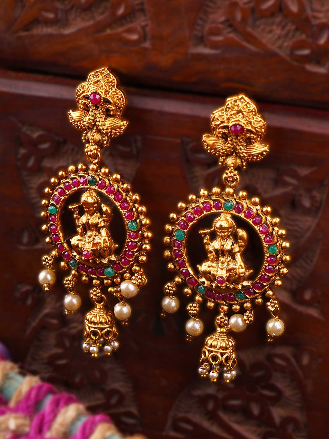 

Anouk Green Gold-Plated Artificial Beaded Goddess Laxmi Contemporary Shaped Chandbalis
