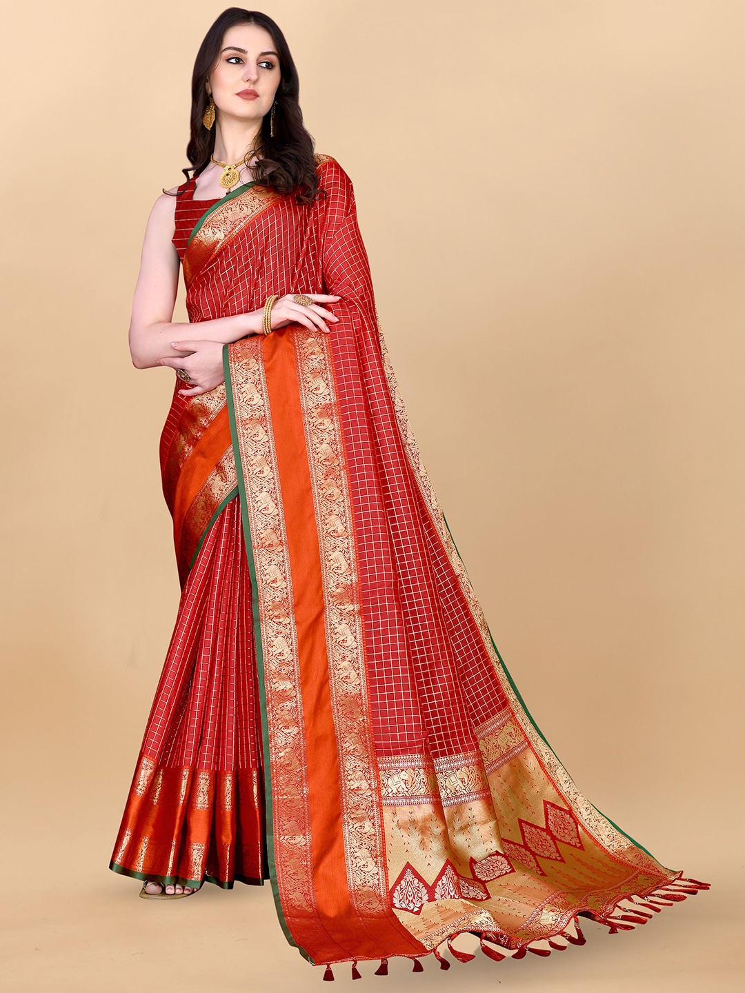 

bansari textiles Woven Design Zari Banarasi Saree, Red