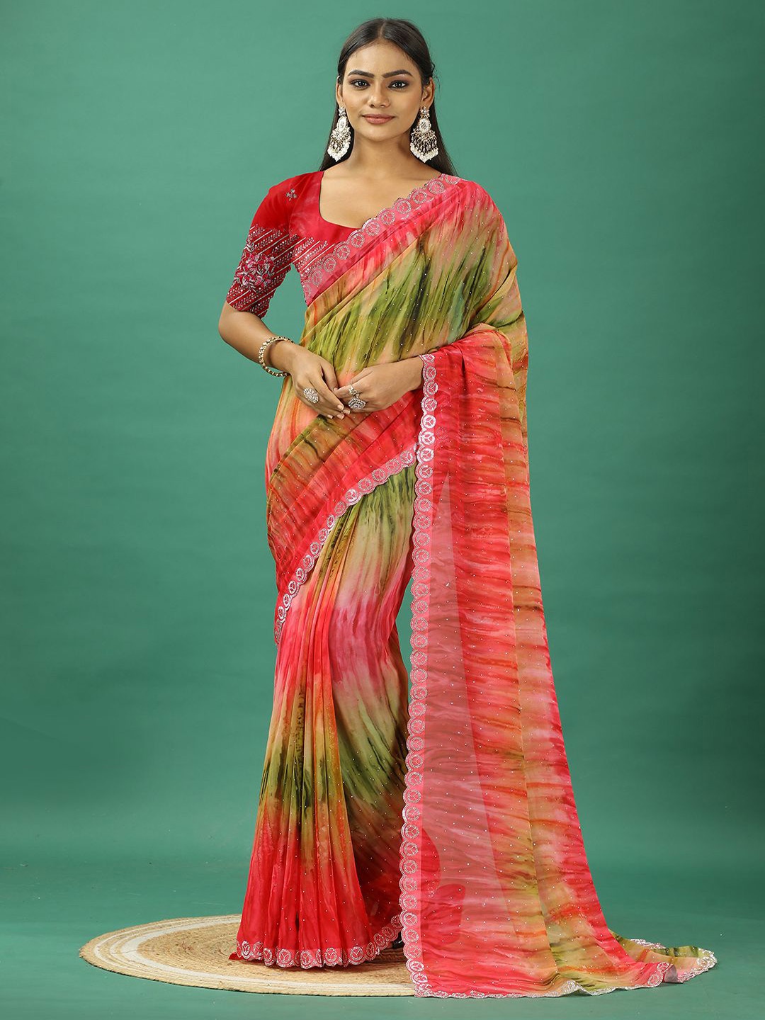 

A.V.M. SILK MILLS Tie and Dye Pure Georgette Saree, Rose