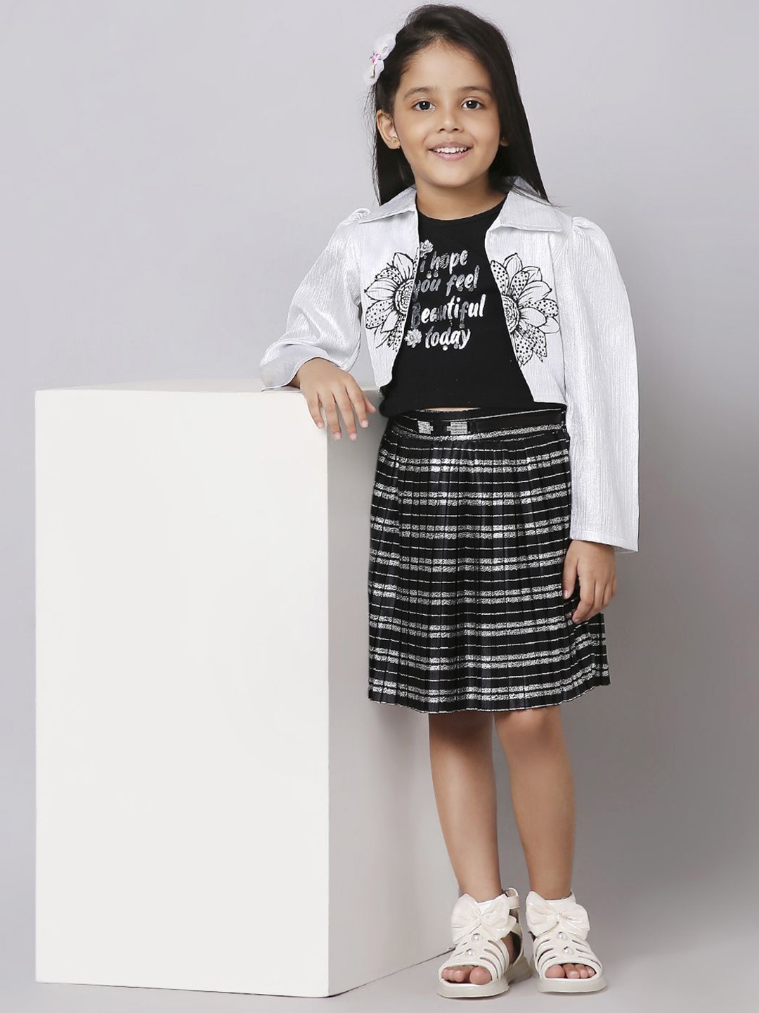 

Macwin Girls Printed Round Neck Top With Skirt & Jacket, Black